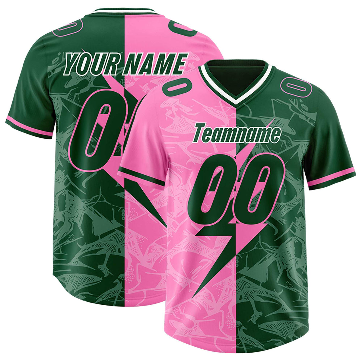 Custom Pink Green Split Personalized Lightning Pattern Football Jersey