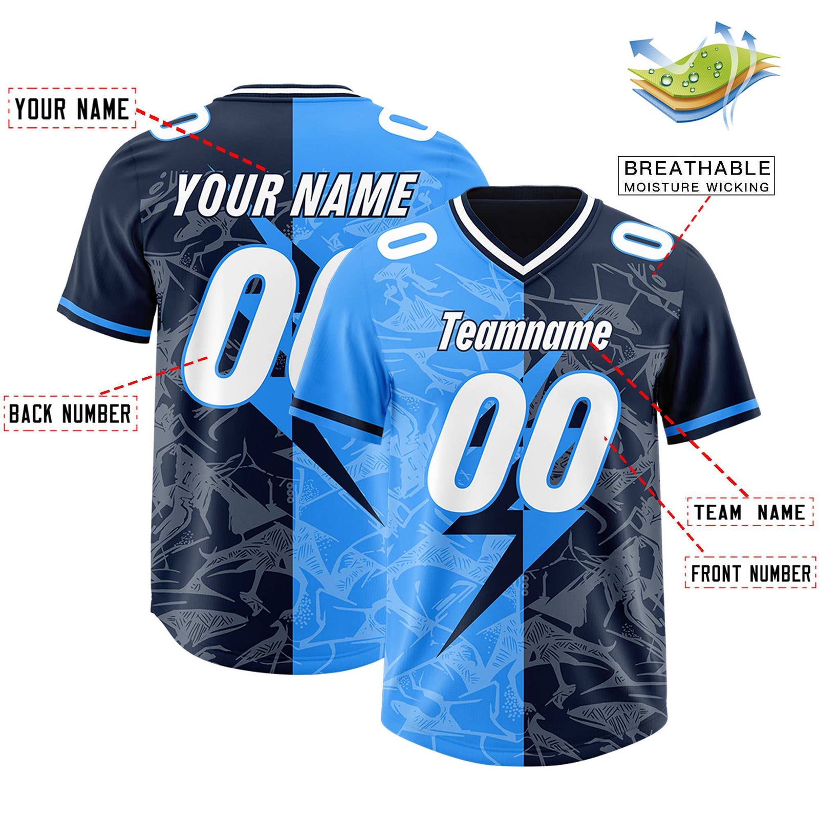 Custom Navy Light Blue Split Personalized Lightning Pattern Football Jersey