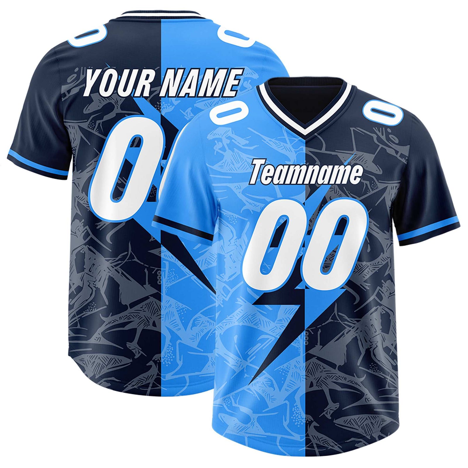 Custom Navy Light Blue Split Personalized Lightning Pattern Football Jersey