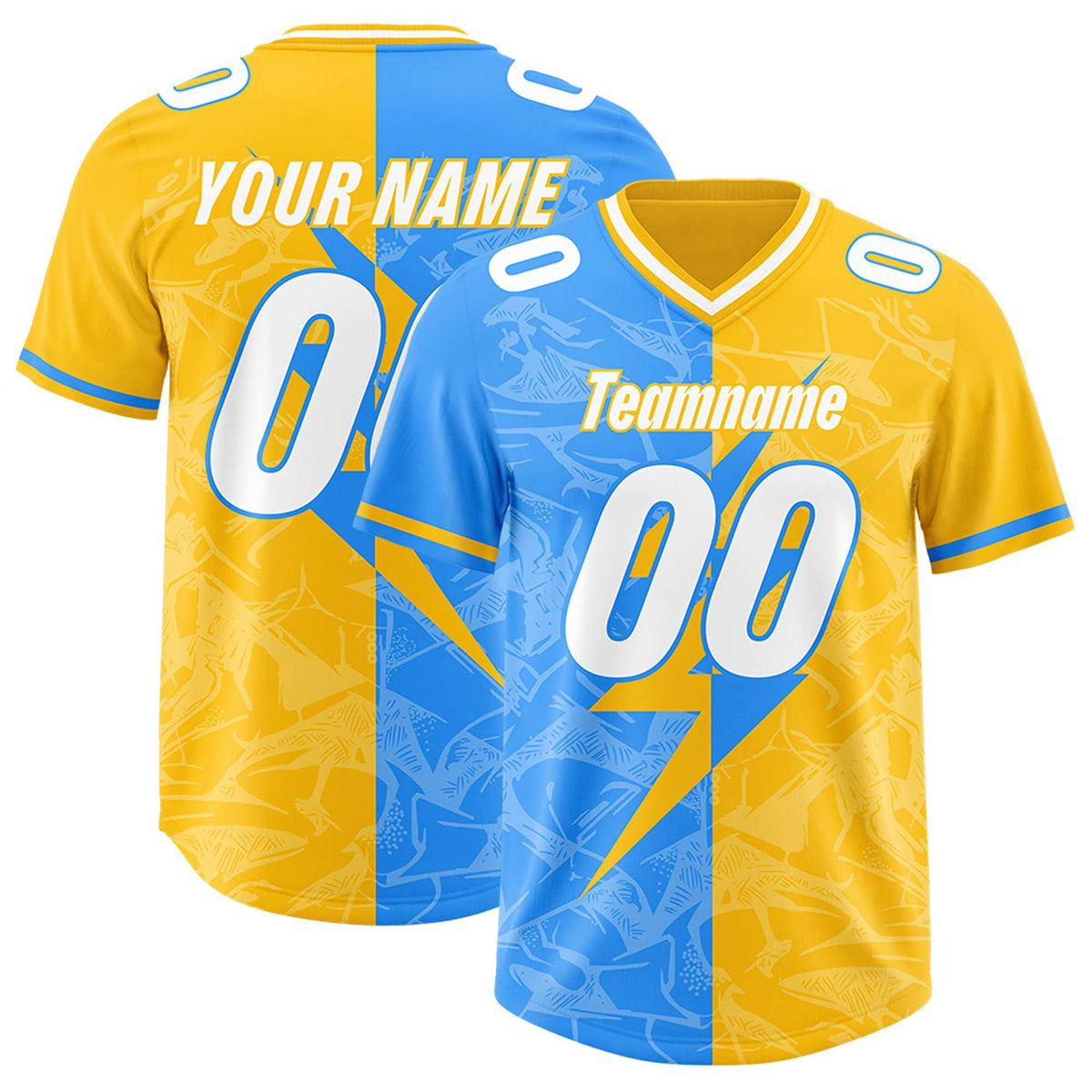 Custom Yellow Light Blue Split Personalized Lightning Pattern Football Jersey
