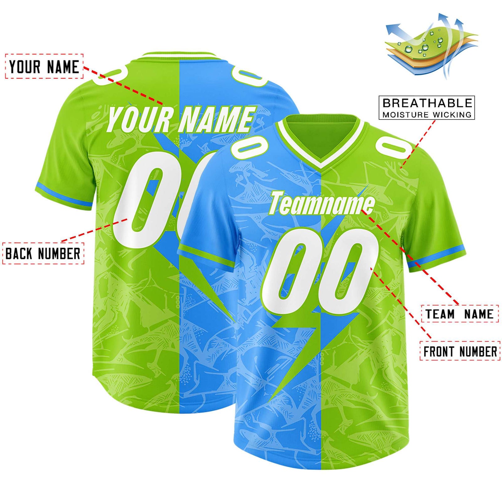 Custom Neon Green Light Blue Split Personalized Lightning Pattern Football Jersey
