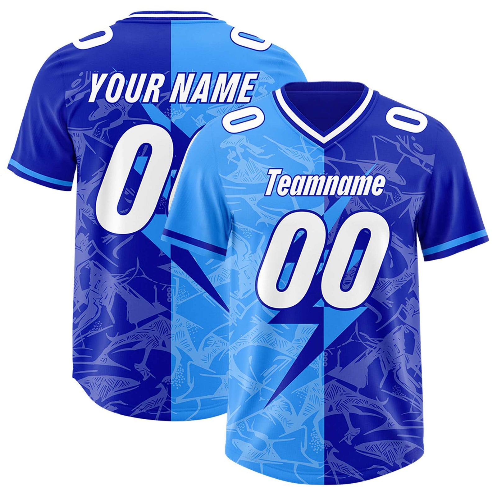 Custom Royal Light Blue Split Personalized Lightning Pattern Football Jersey