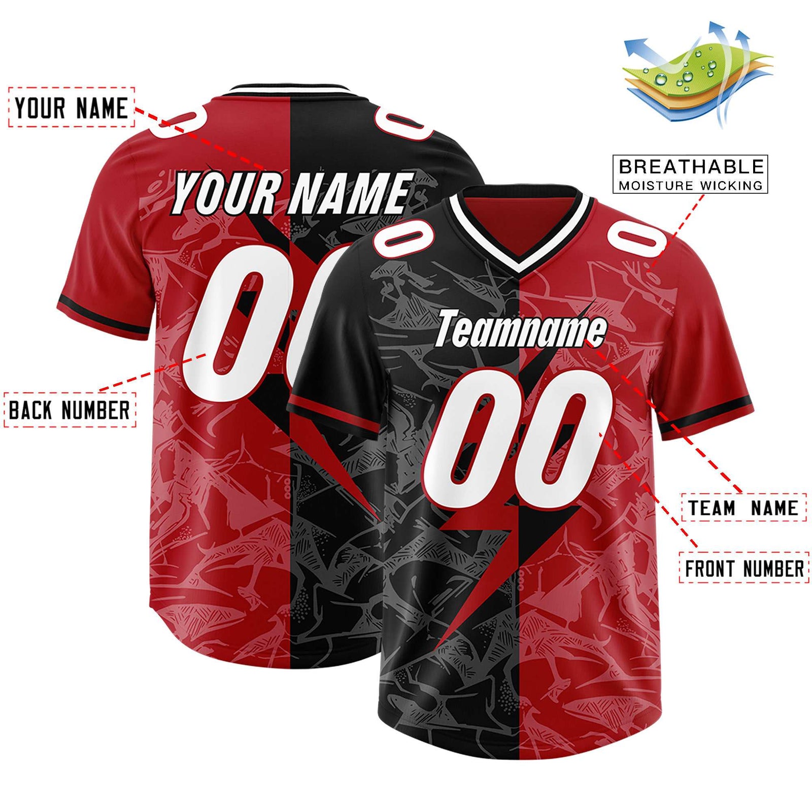 Custom Black Red Split Personalized Lightning Pattern Football Jersey