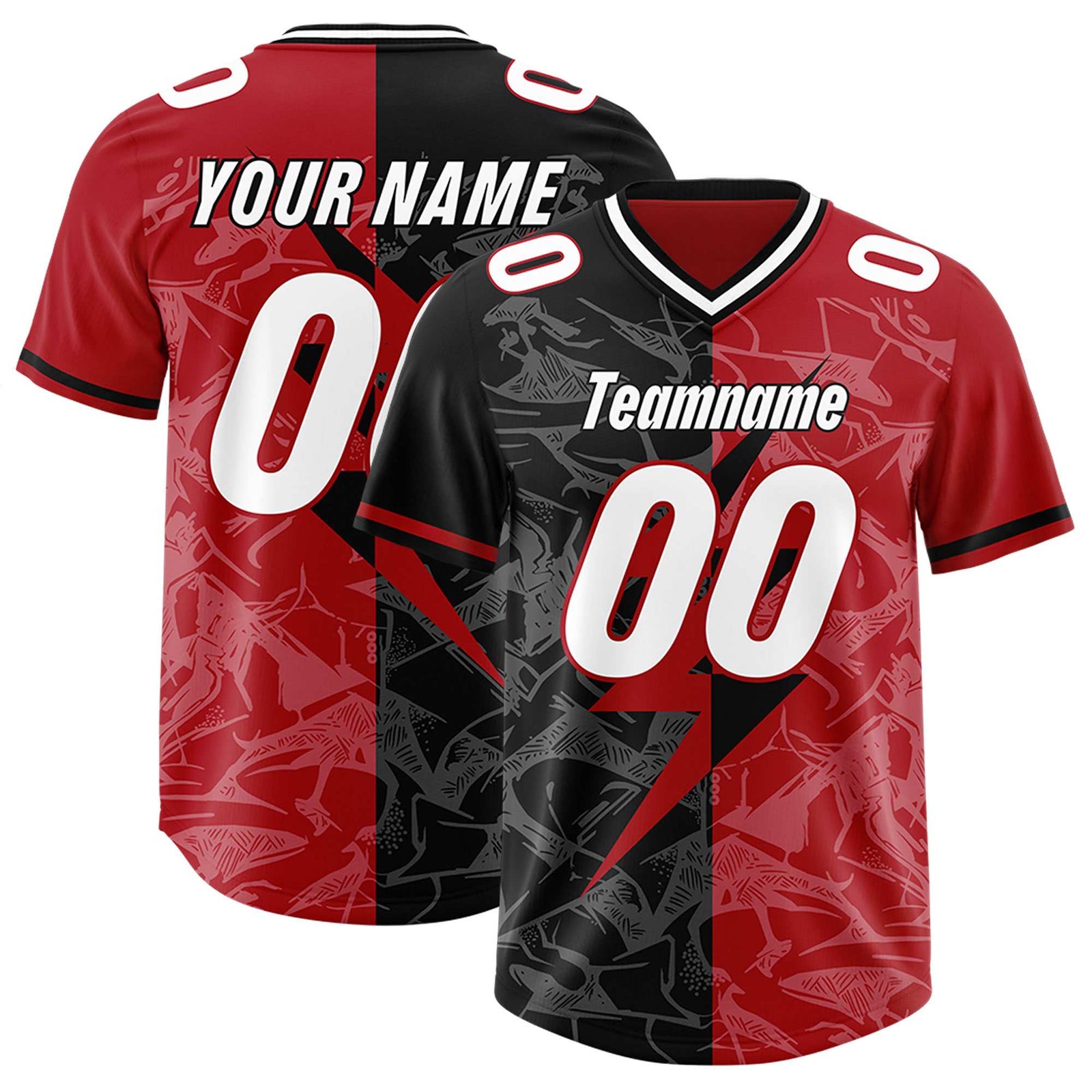 Custom Black Red Split Personalized Lightning Pattern Football Jersey