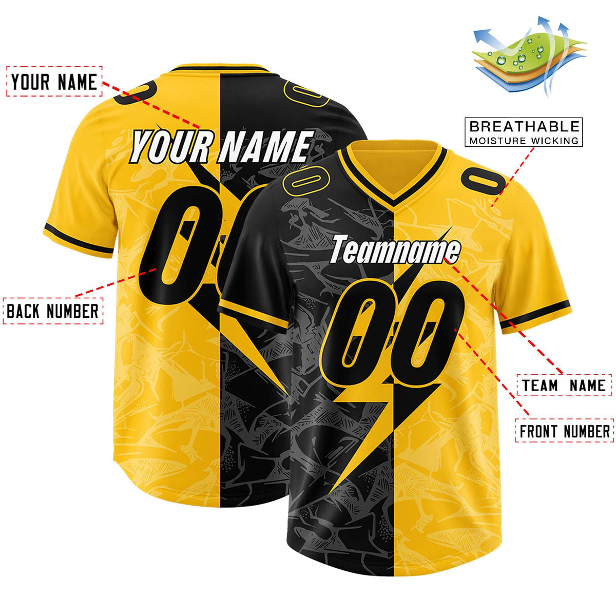 Custom Yellow Black Split Personalized Lightning Pattern Football Jersey