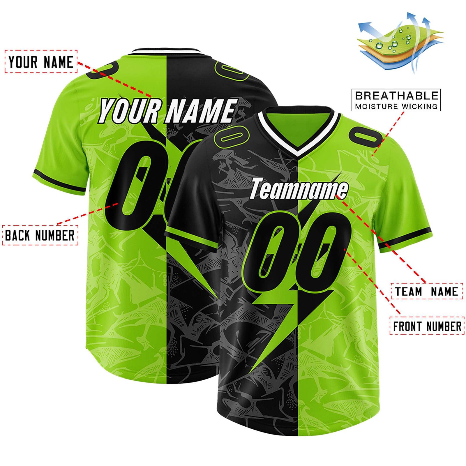 Custom Neon Green Black Split Personalized Lightning Pattern Football Jersey