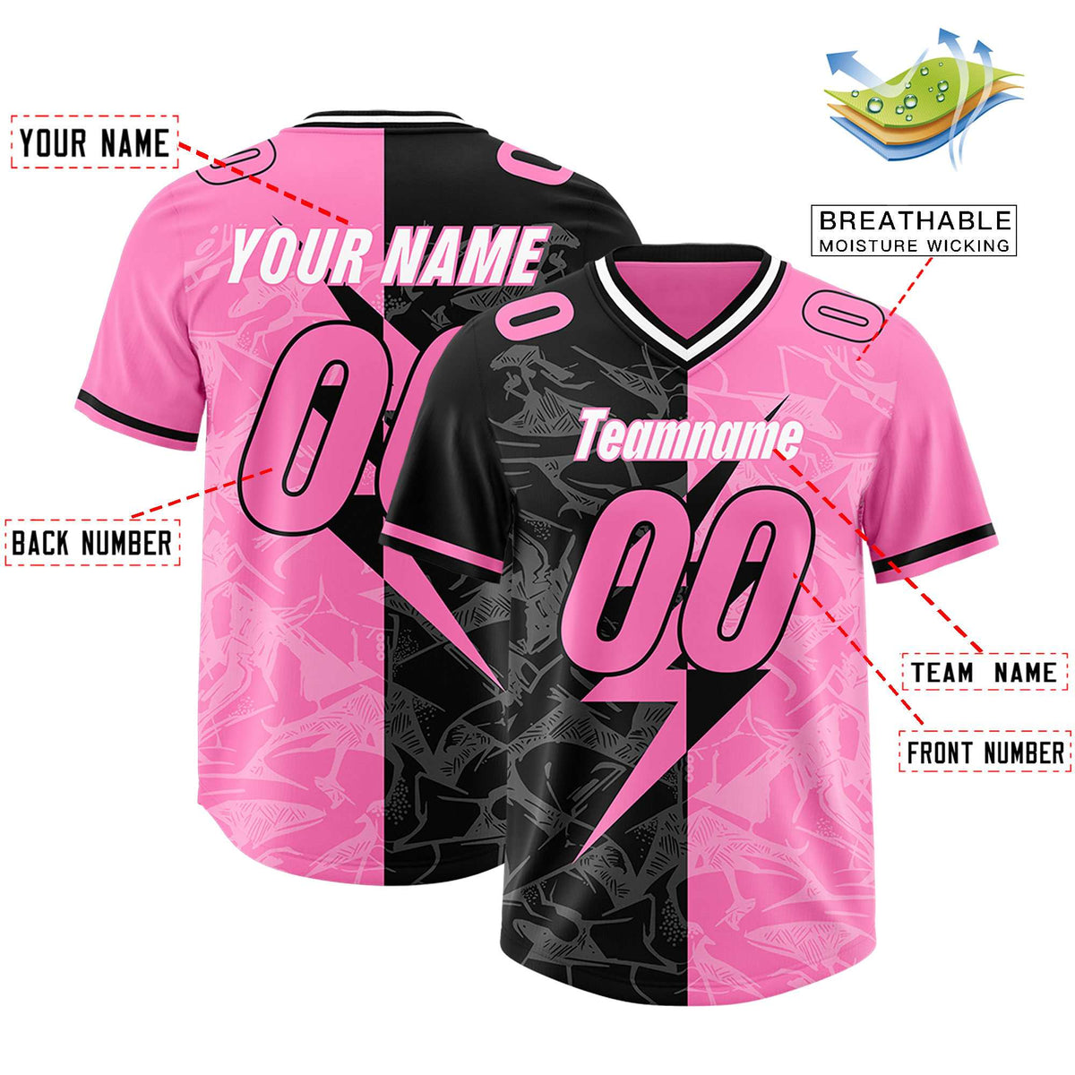 Custom Pink Black Split Personalized Lightning Pattern Football Jersey