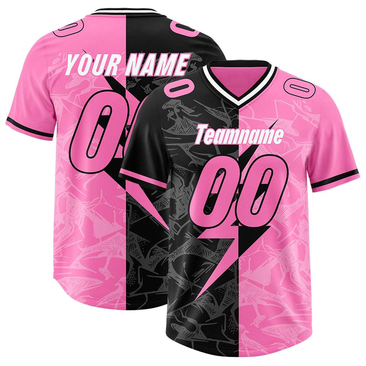 Custom Pink Black Split Personalized Lightning Pattern Football Jersey