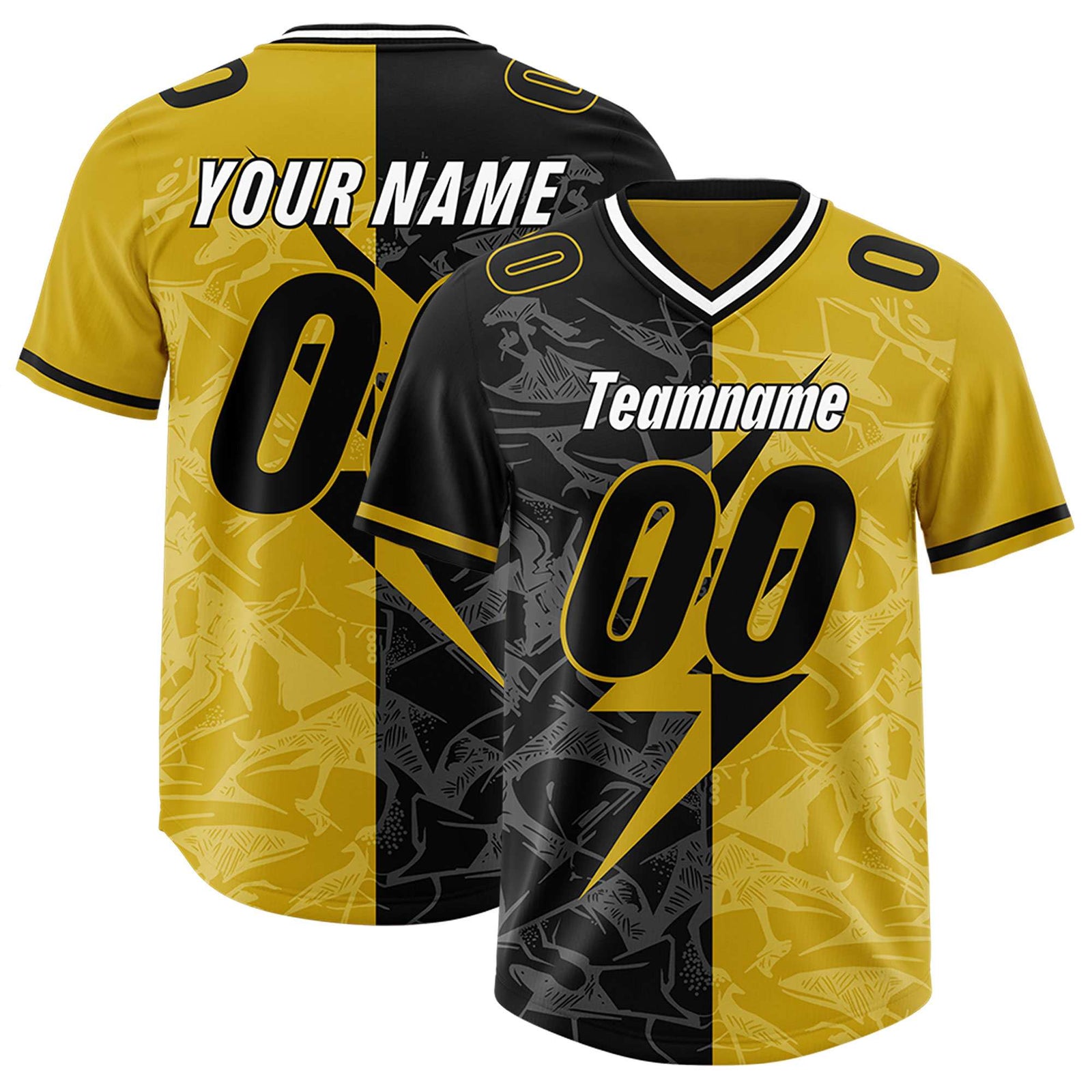 Custom Old Gold Black Split Personalized Lightning Pattern Football Jersey