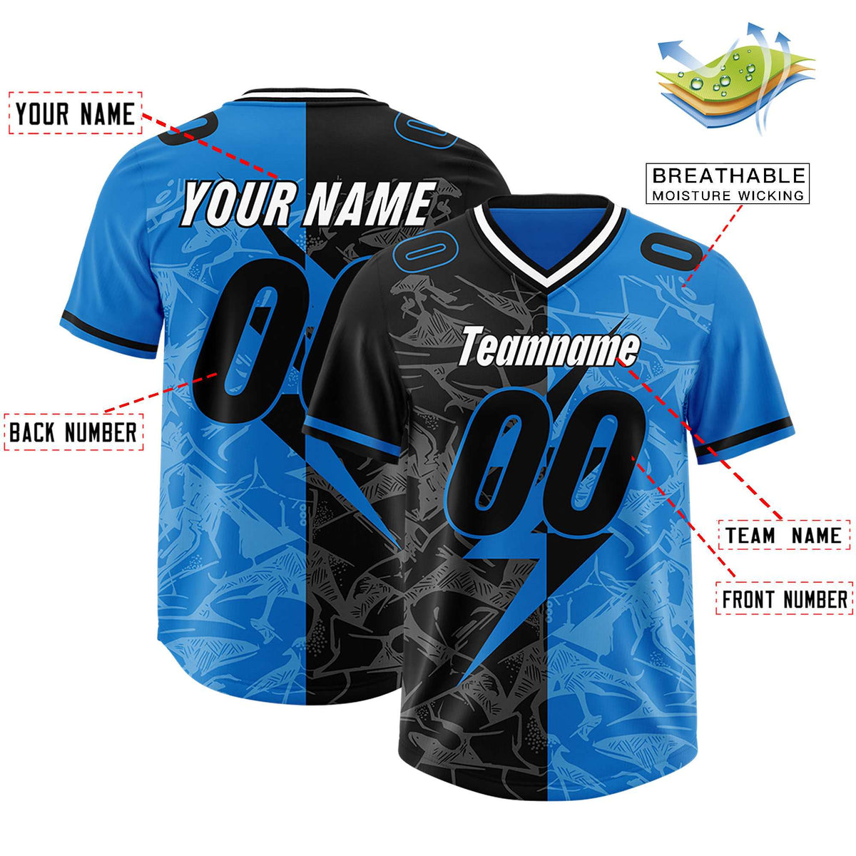 Custom Panther Blue Black Split Personalized Lightning Pattern Football Jersey