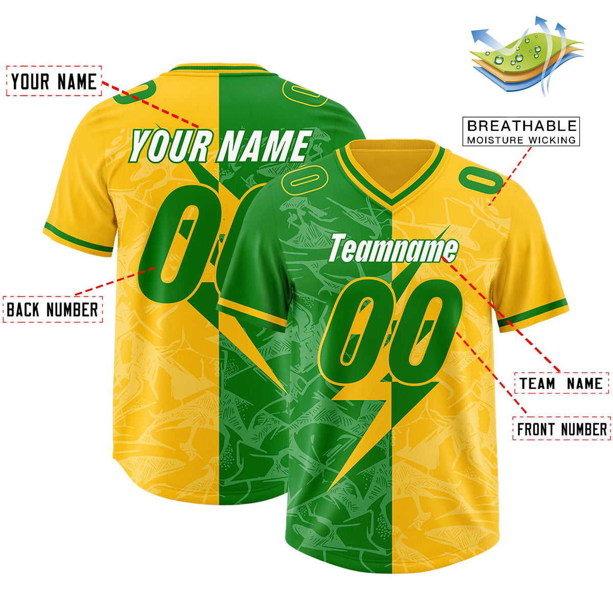 Custom Kelly Green Yellow Split Personalized Lightning Pattern Football Jersey