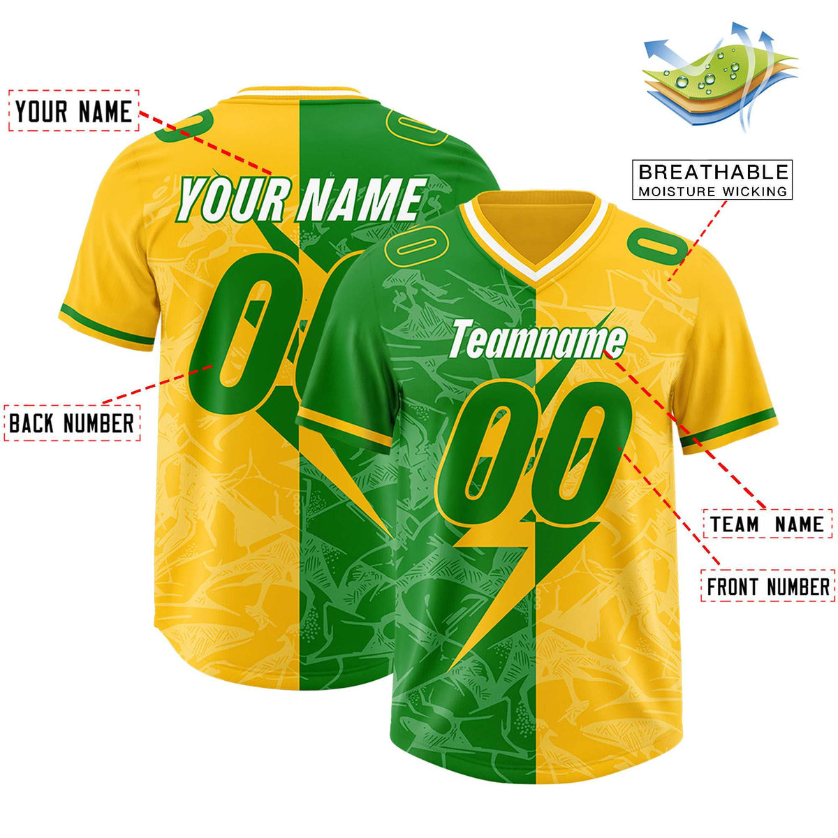 Custom Kelly Green Yellow Split Personalized Lightning Pattern Football Jersey