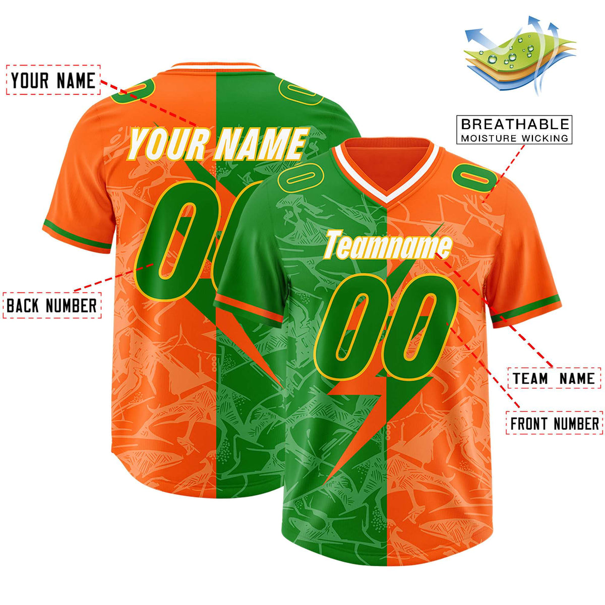 Custom Orange Kelly Green Split Personalized Lightning Pattern Football Jersey
