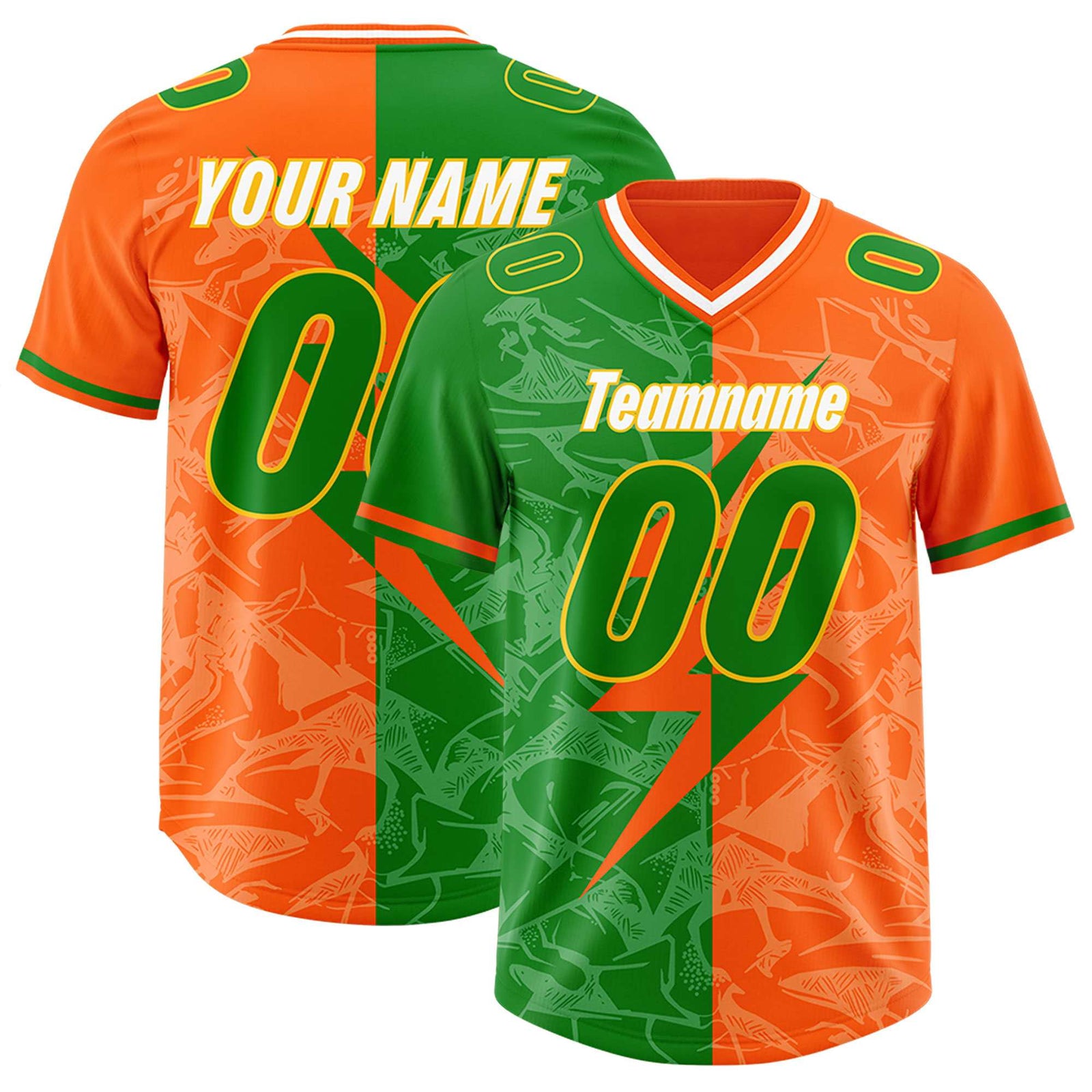 Custom Orange Kelly Green Split Personalized Lightning Pattern Football Jersey