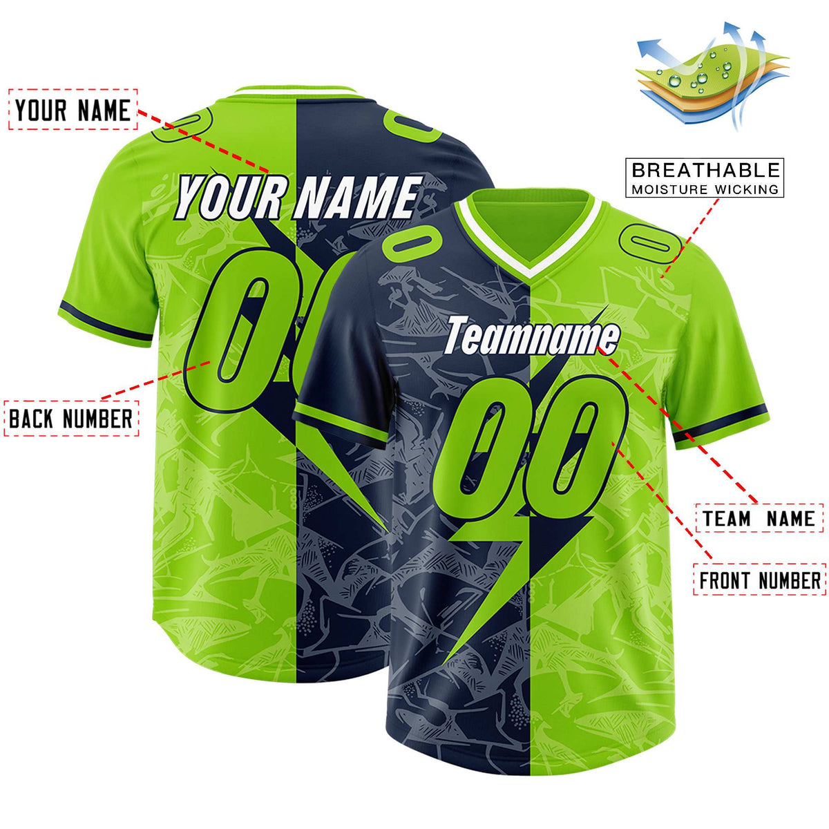 Custom Neon Green Navy Split Personalized Lightning Pattern Football Jersey