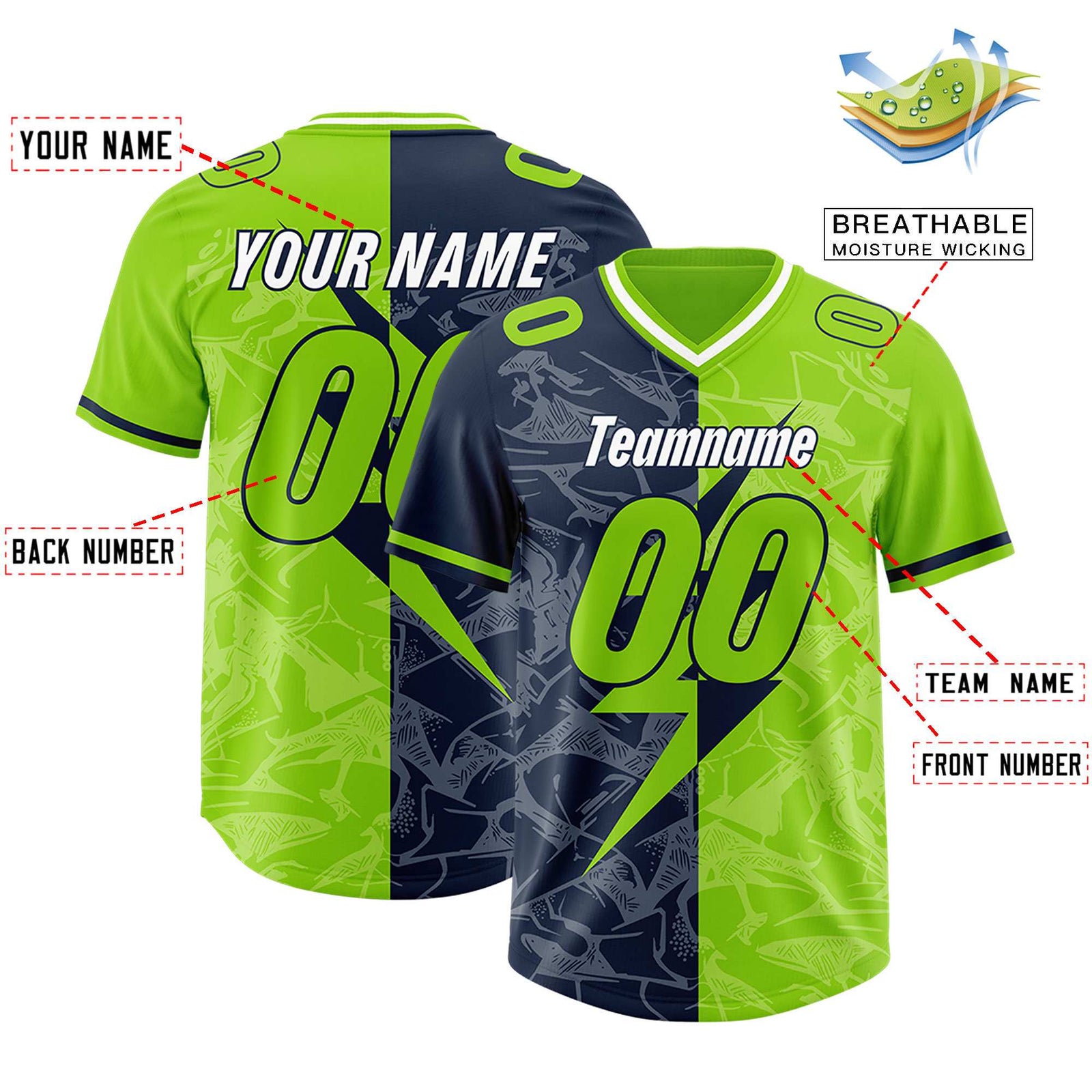 Custom Neon Green Navy Split Personalized Lightning Pattern Football Jersey