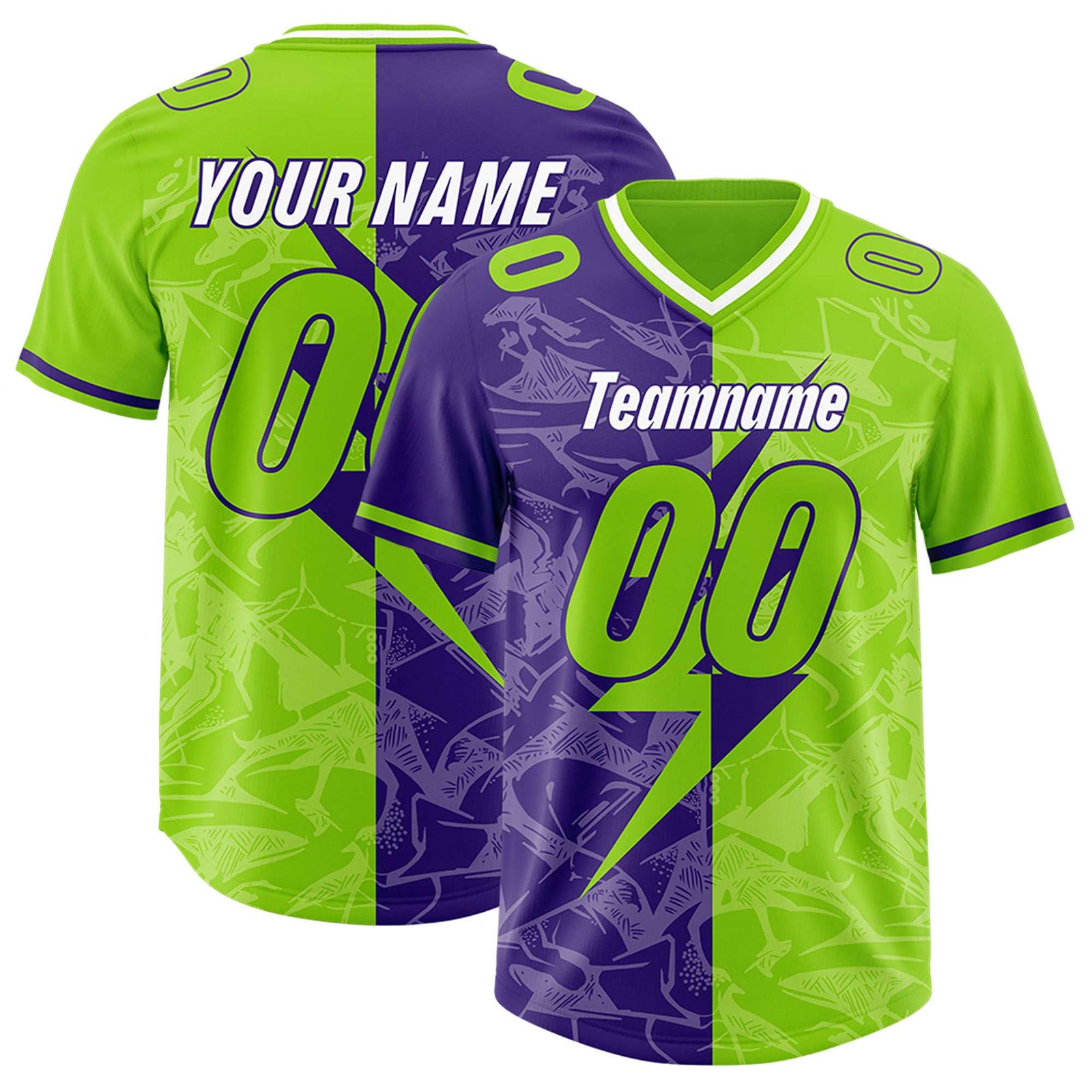 Custom Neon Green Purple Split Personalized Lightning Pattern Football Jersey