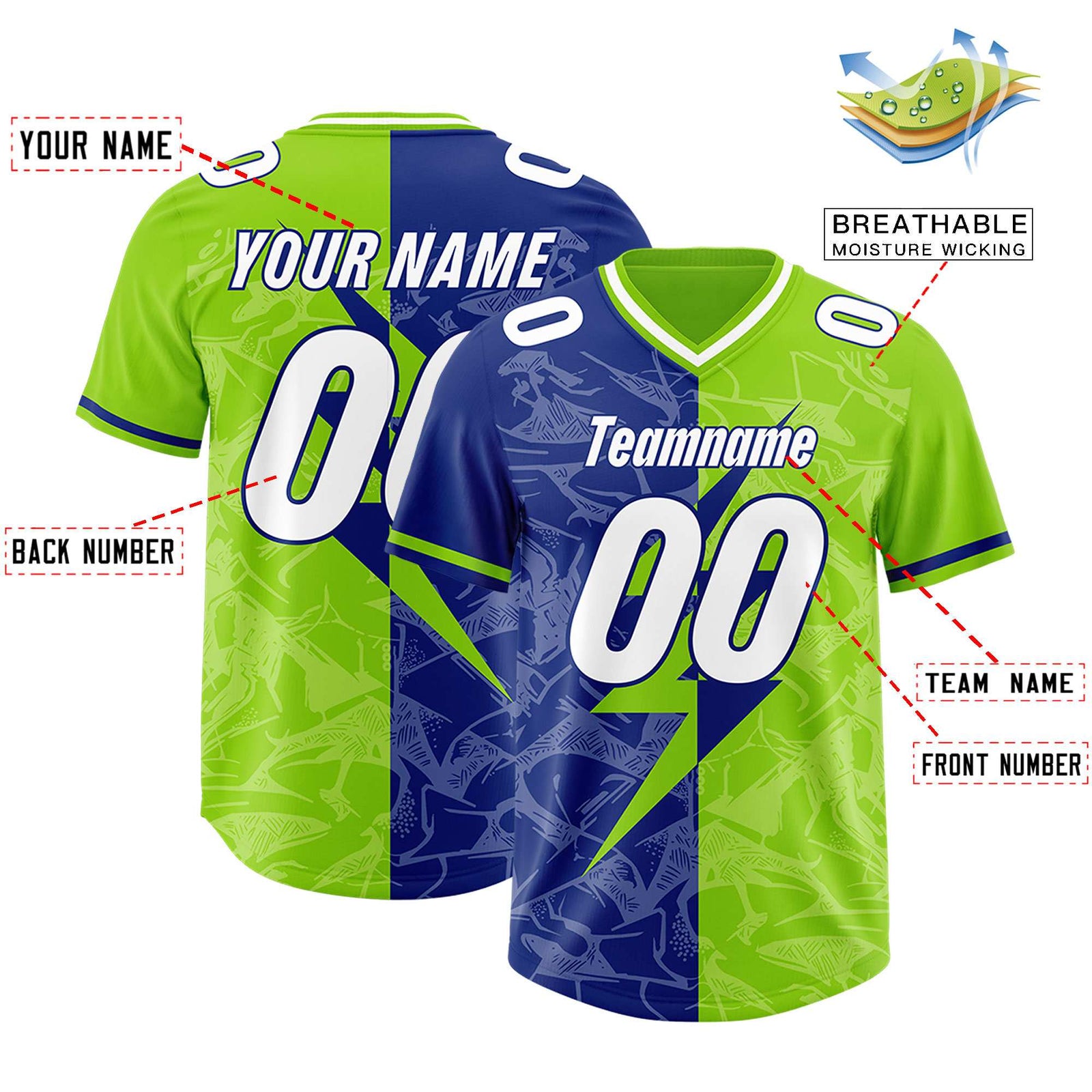 Custom Royal Neon Green Split Personalized Lightning Pattern Football Jersey