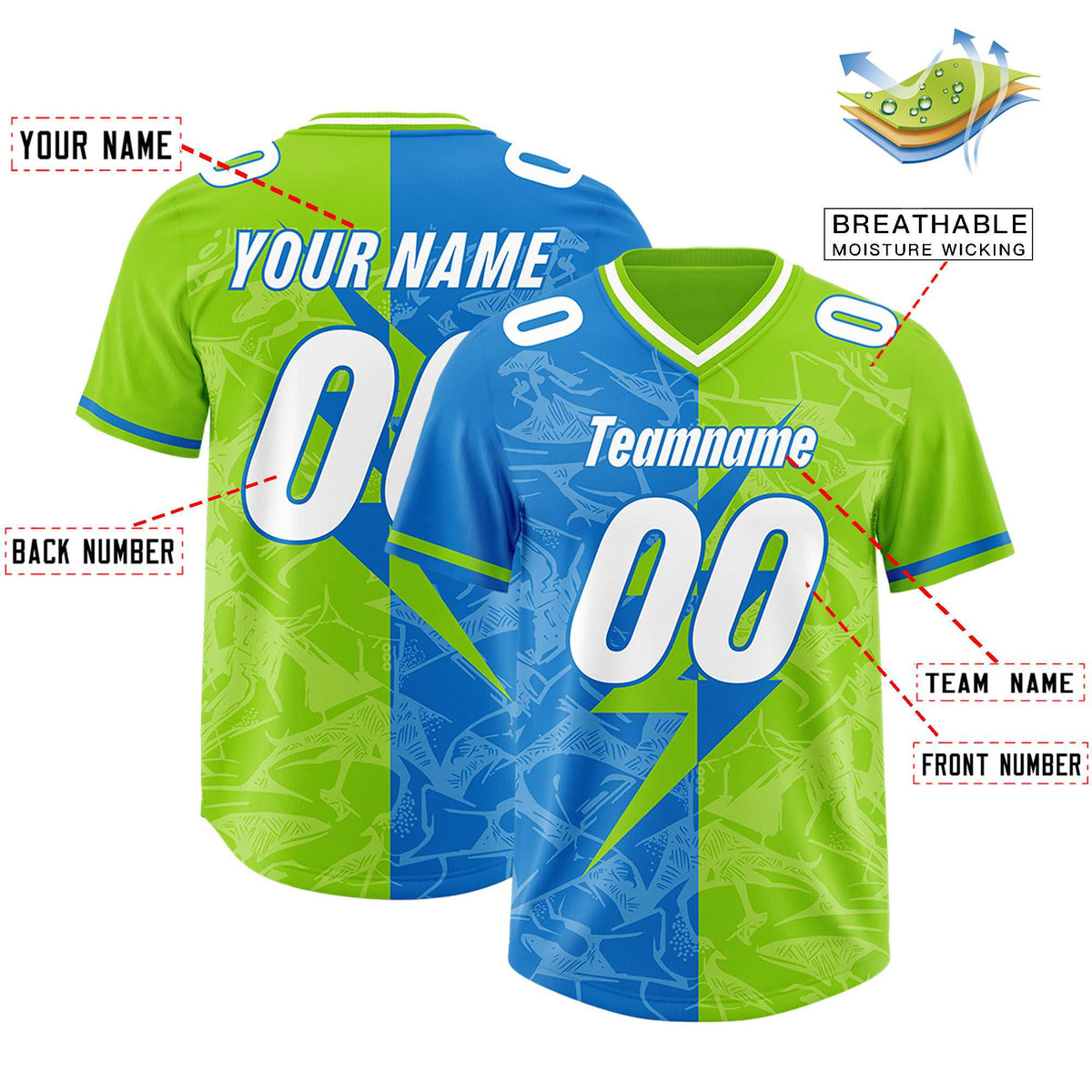 Custom Neon Green Panther Blue Split Personalized Lightning Pattern Football Jersey