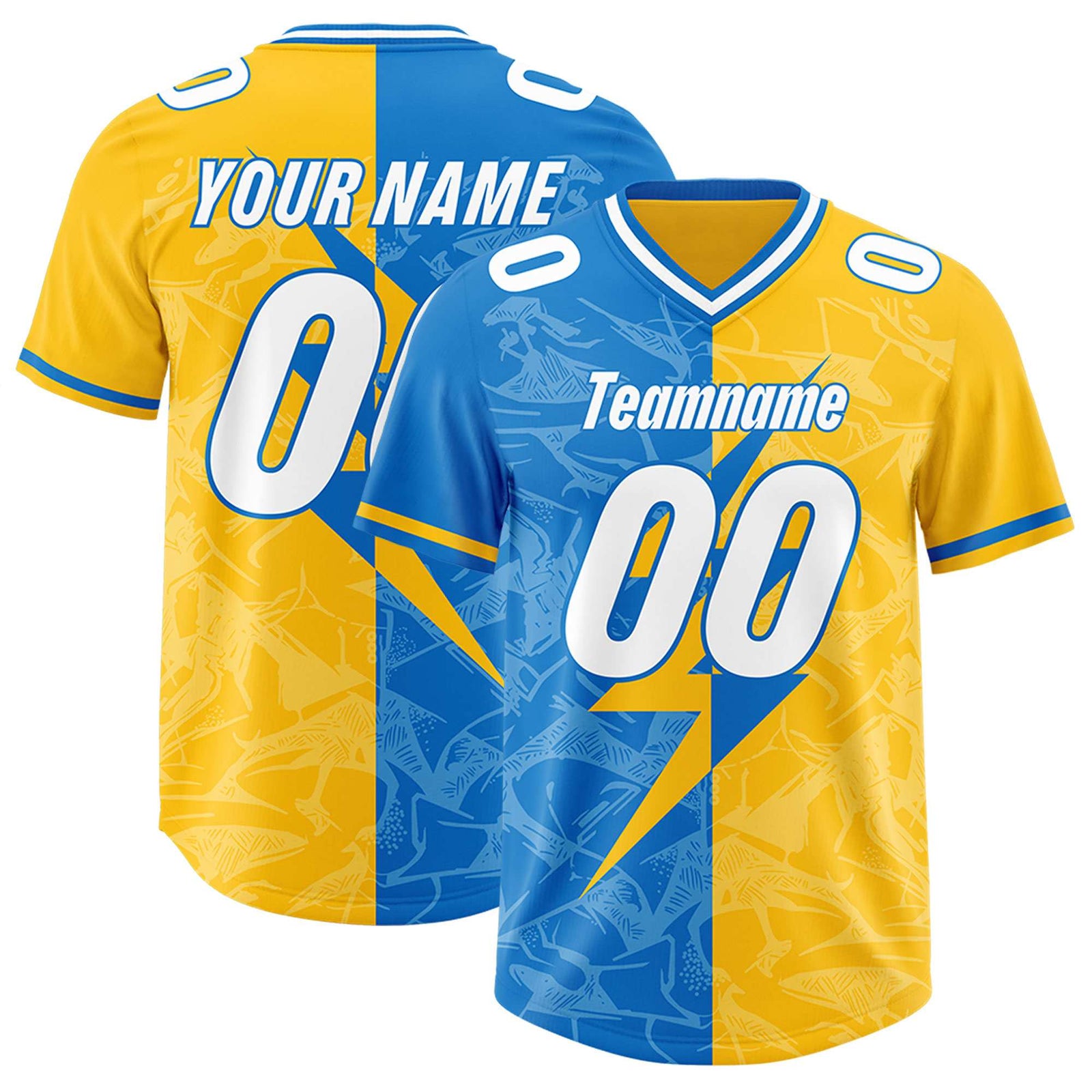 Custom Panther Blue Gold Split Personalized Lightning Pattern Football Jersey