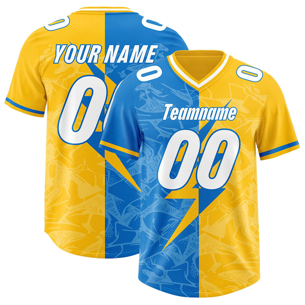 Custom Panther Blue Yellow Split Personalized Lightning Pattern Football Jersey