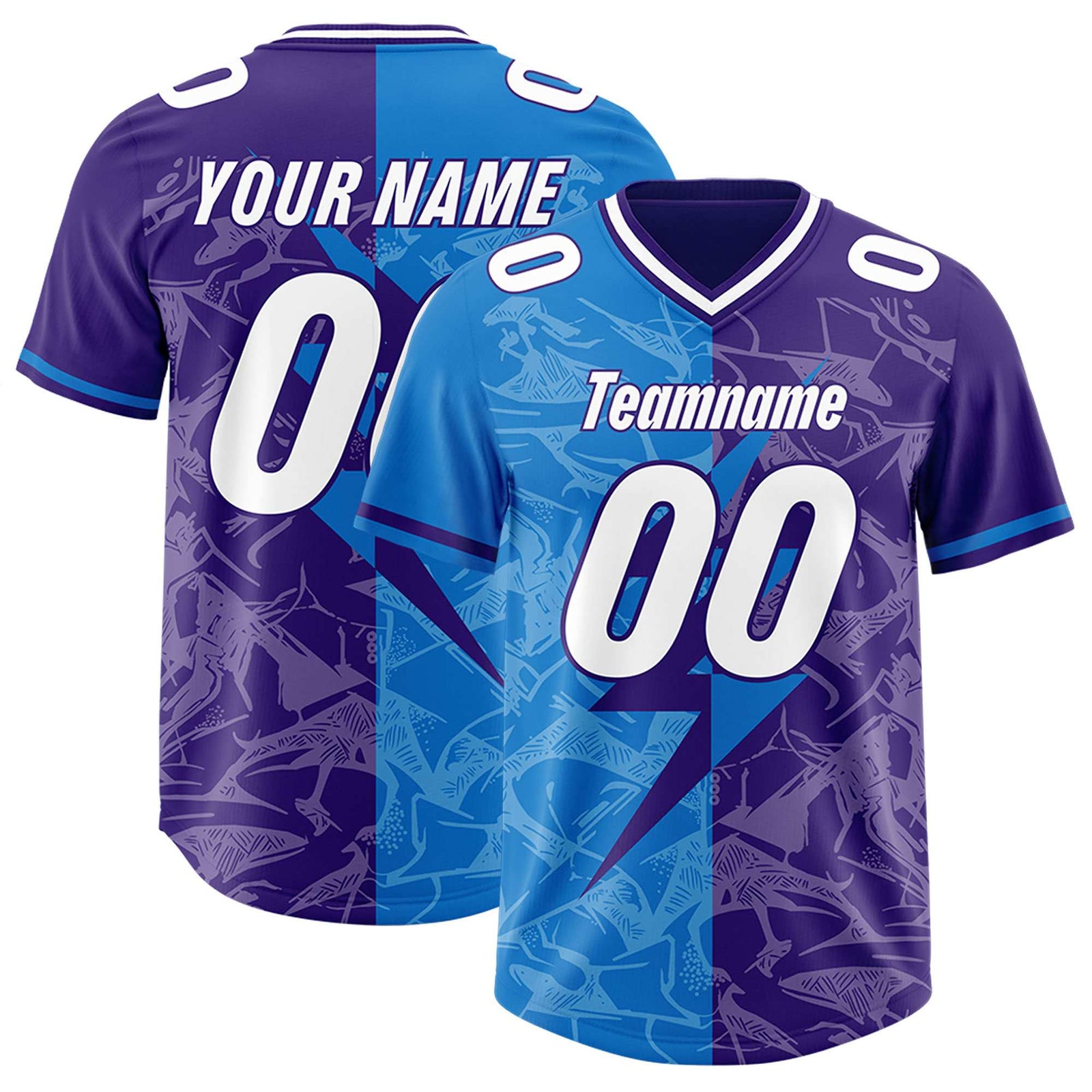 Custom Panther Blue Purple Split Personalized Lightning Pattern Football Jersey