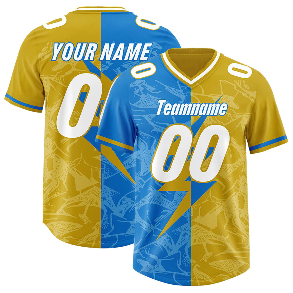 Custom Panther Blue Old Gold Split Personalized Lightning Pattern Football Jersey