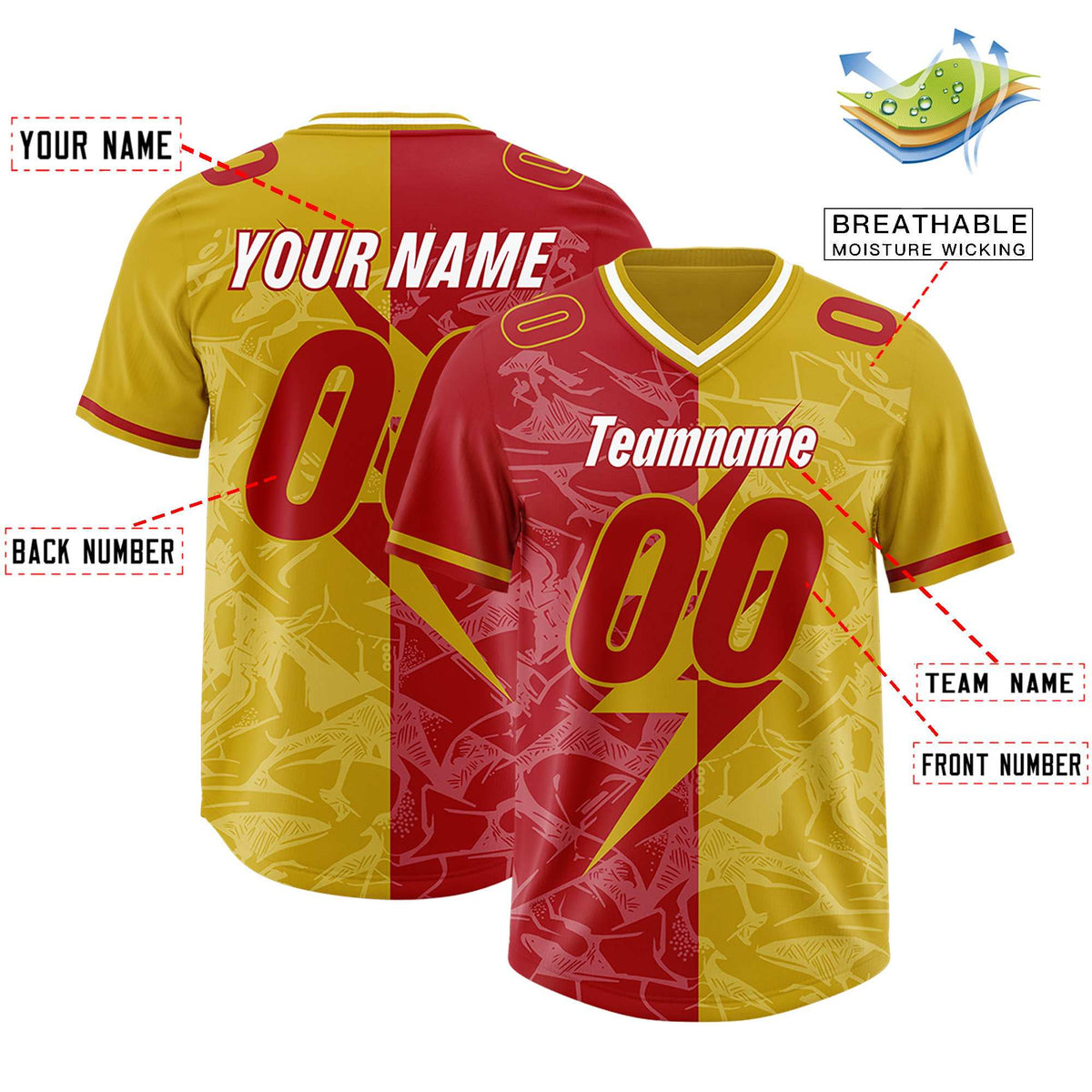 Custom Old Gold Red Split Personalized Lightning Pattern Football Jersey