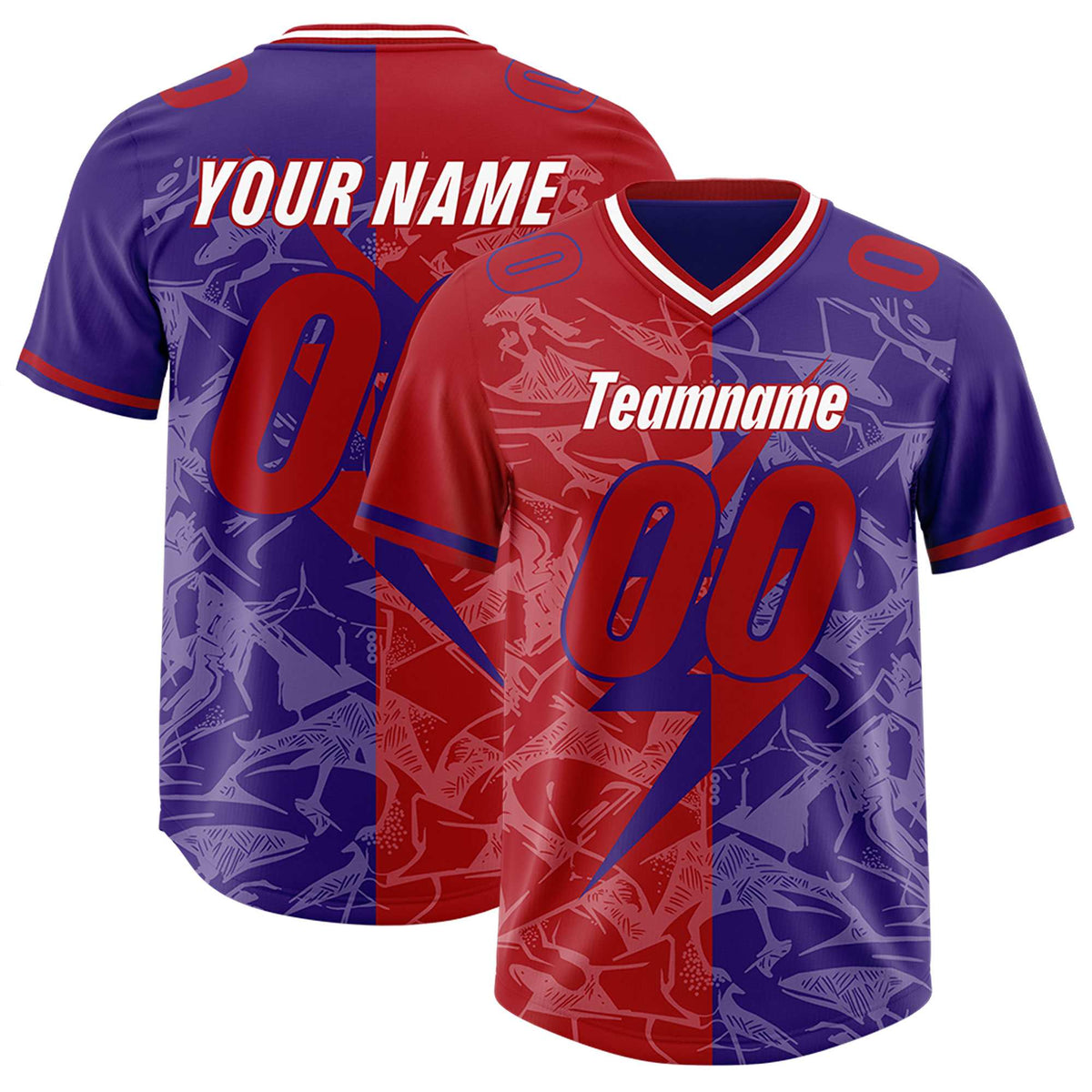 Custom Red Purple Split Personalized Lightning Pattern Football Jersey