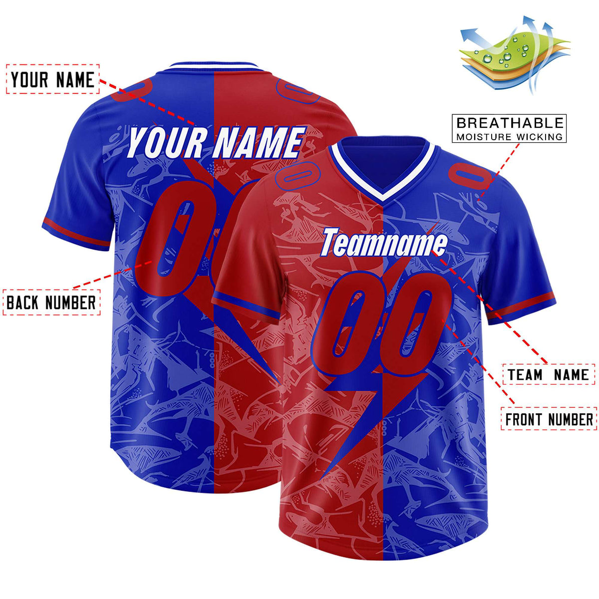 Custom Royal Red Split Personalized Lightning Pattern Football Jersey