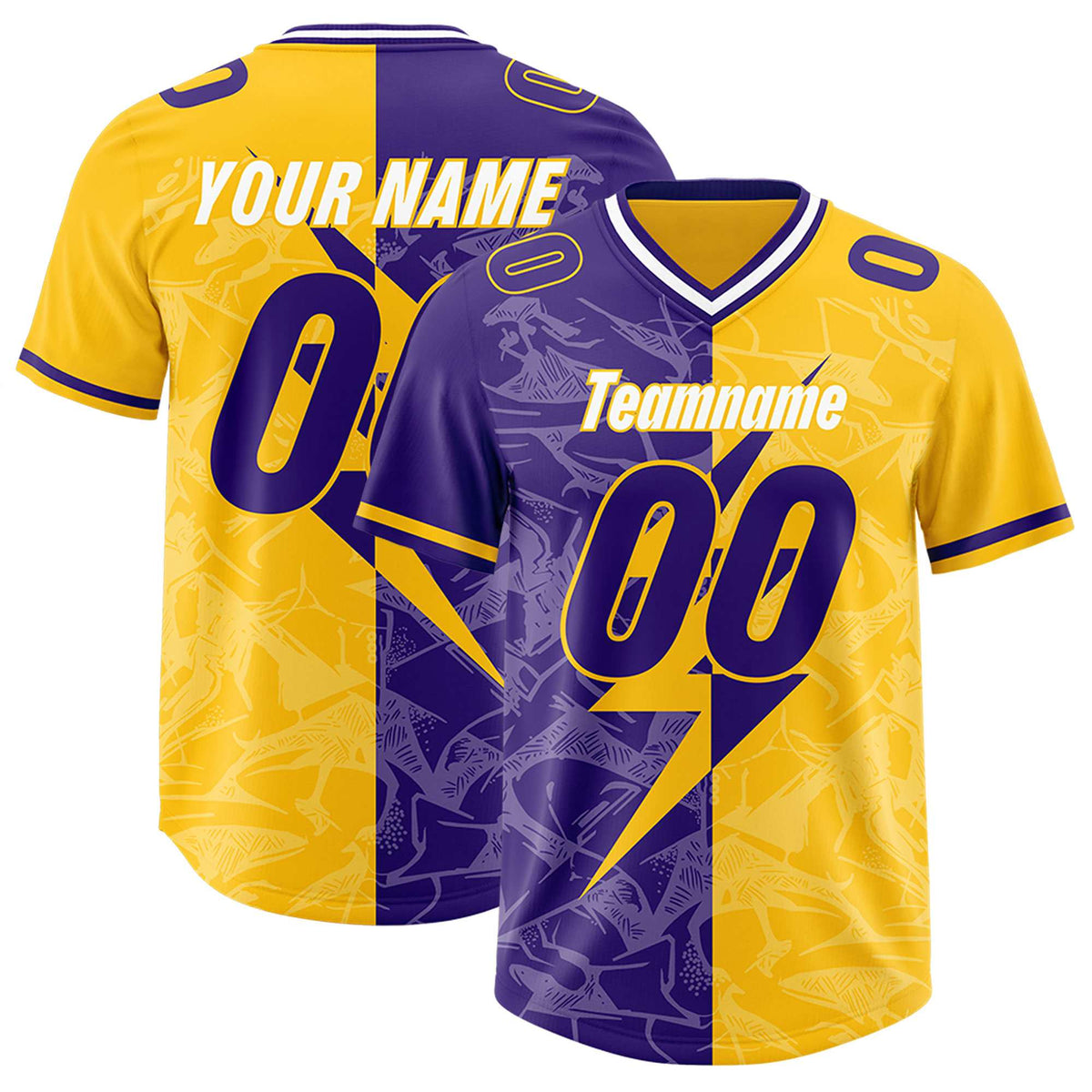 Custom Yellow Purple Split Personalized Lightning Pattern Football Jersey