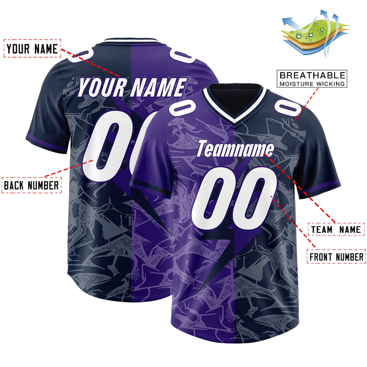 Custom Navy Purple Split Personalized Lightning Pattern Football Jersey