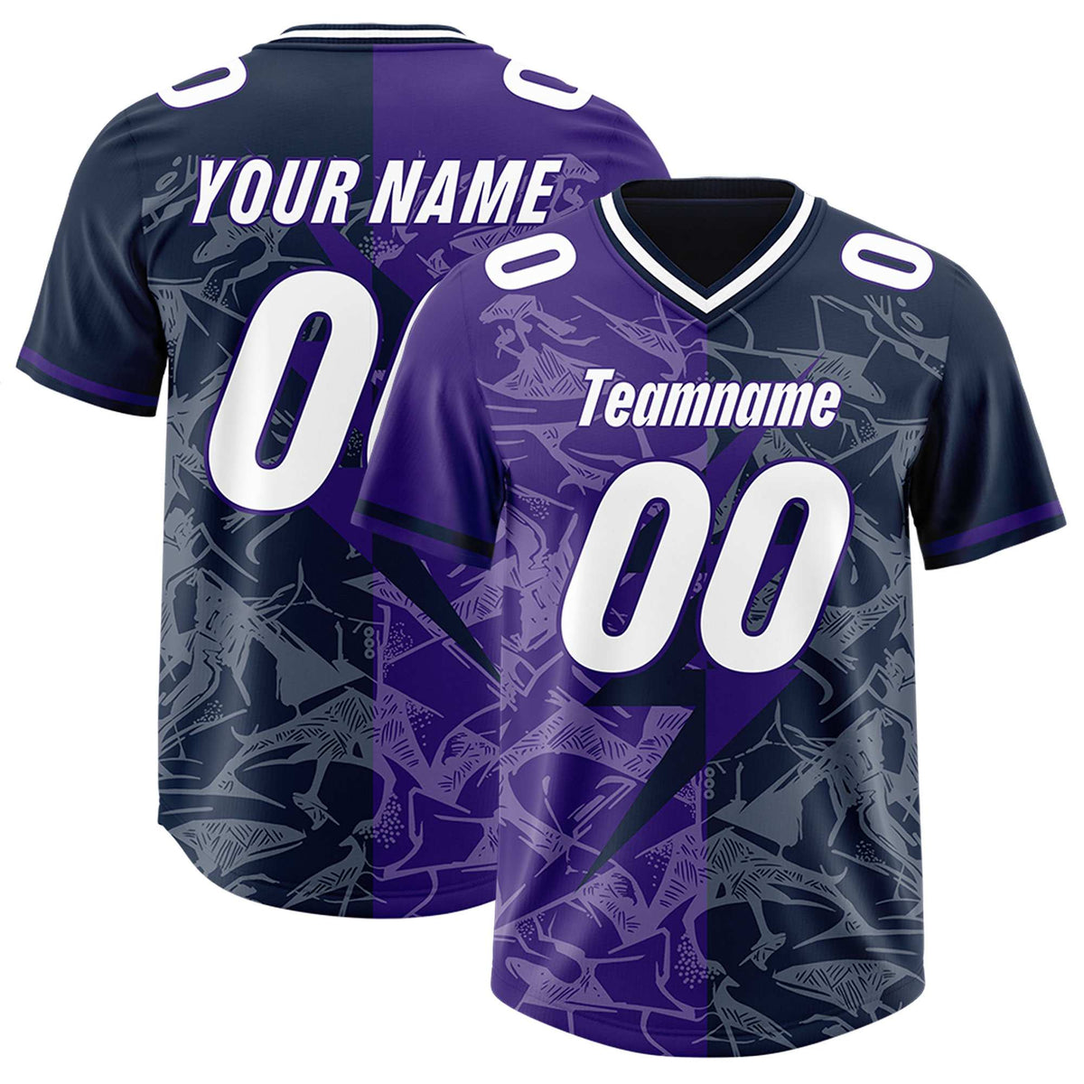 Custom Navy Purple Split Personalized Lightning Pattern Football Jersey