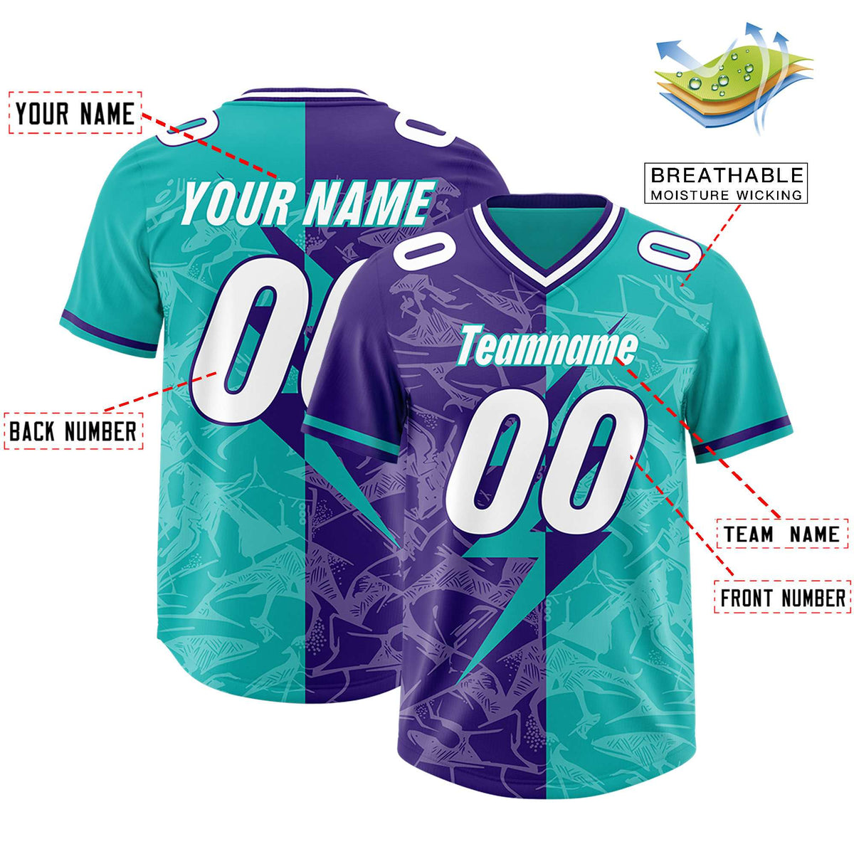 Custom Aqua Purple Split Personalized Lightning Pattern Football Jersey