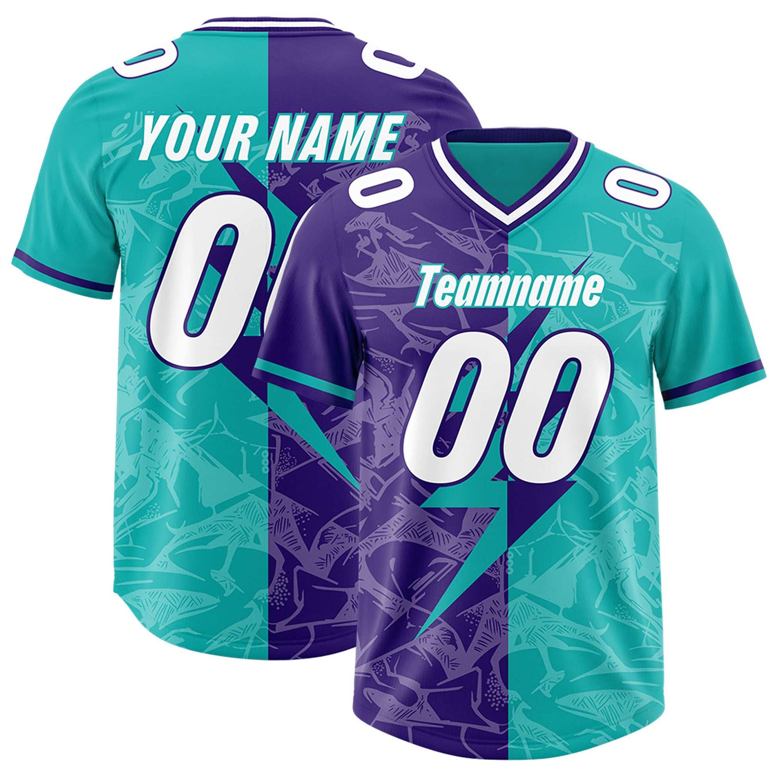 Custom Aqua Purple Split Personalized Lightning Pattern Football Jersey