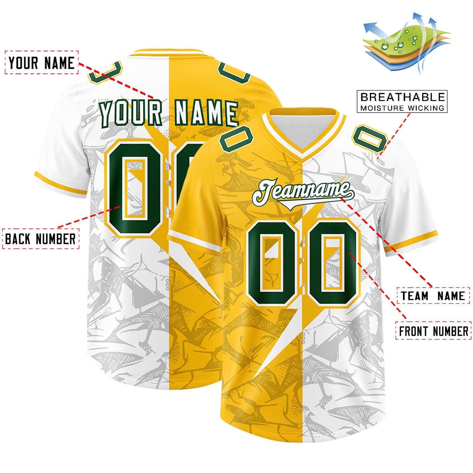 Custom Yellow White Split Personalized Lightning Pattern Football Jersey