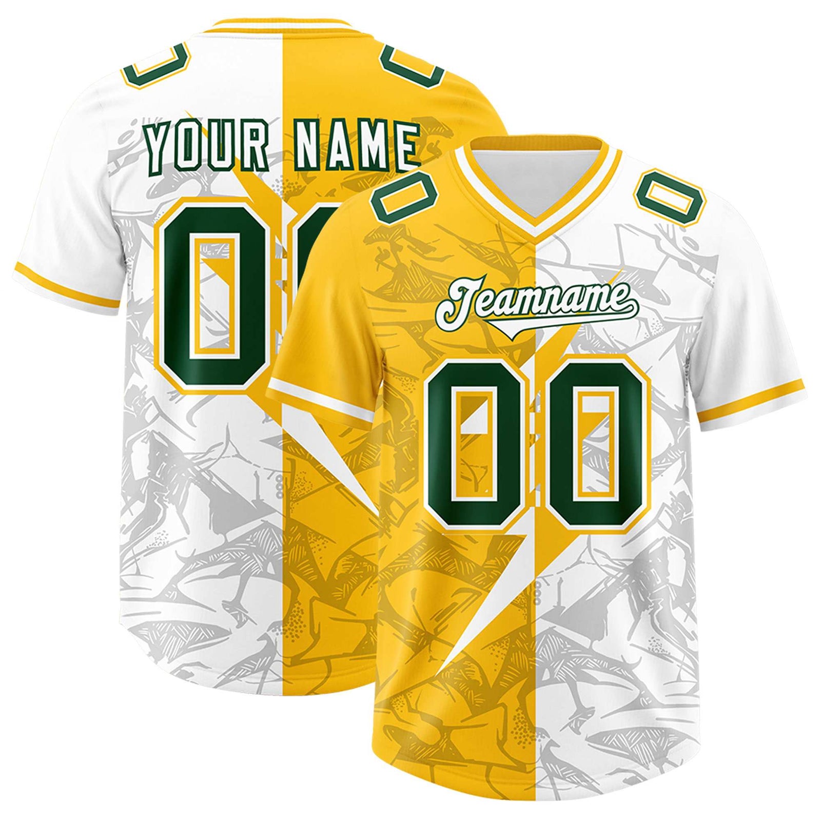 Custom Yellow White Split Personalized Lightning Pattern Football Jersey