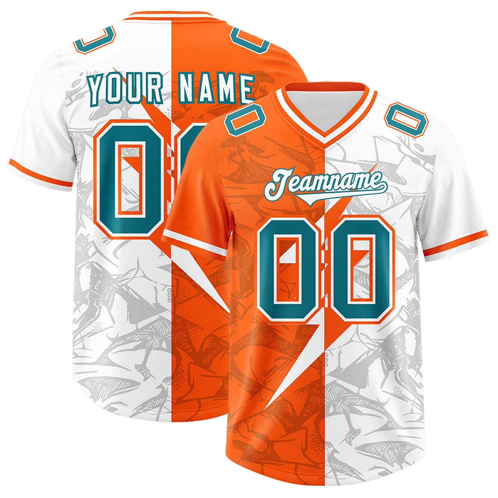 Custom Orange White Split Personalized Lightning Pattern Football Jersey