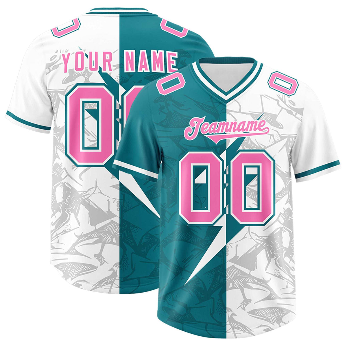 Custom Aqua White Split Personalized Lightning Pattern Football Jersey