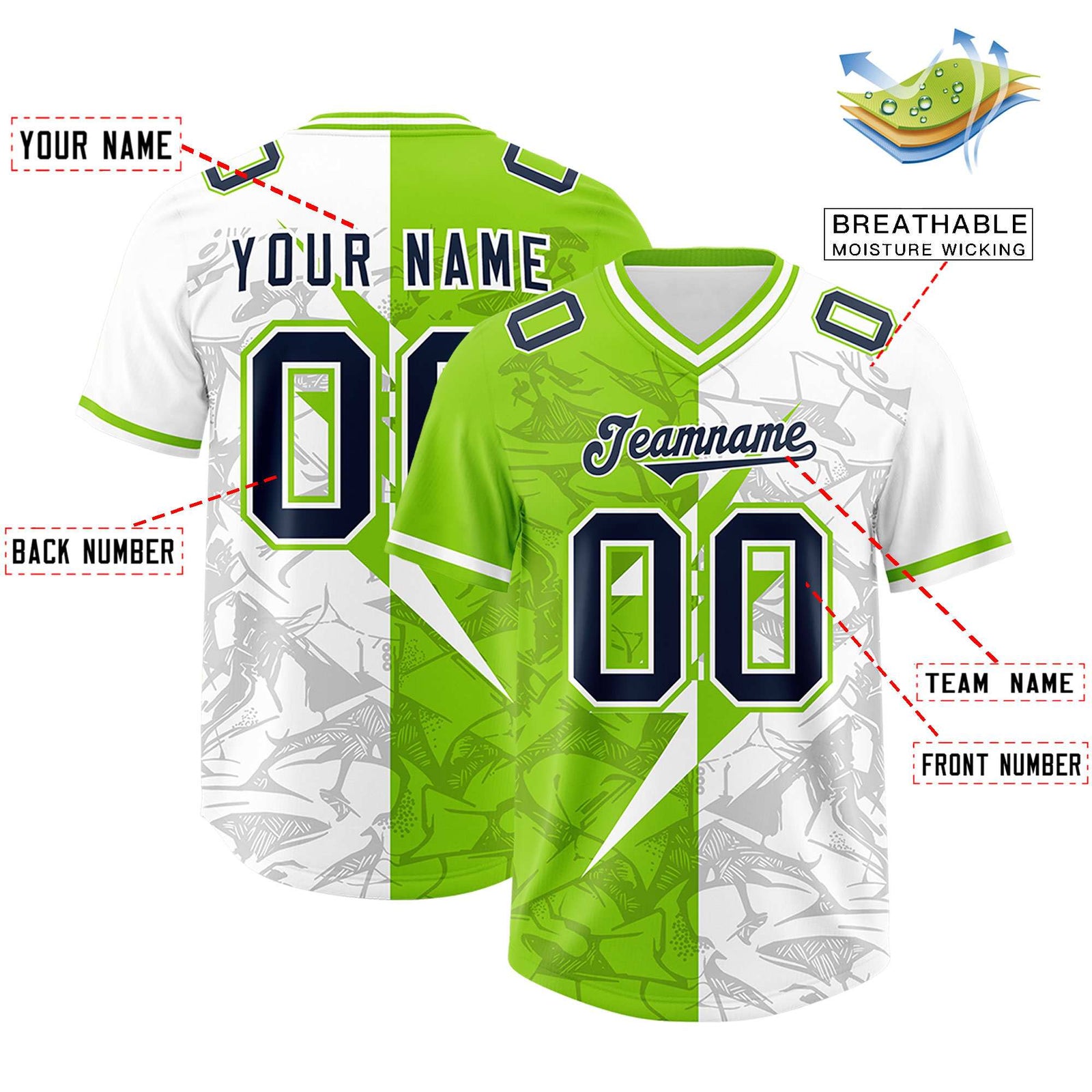 Custom Neon Green White Split Personalized Lightning Pattern Football Jersey