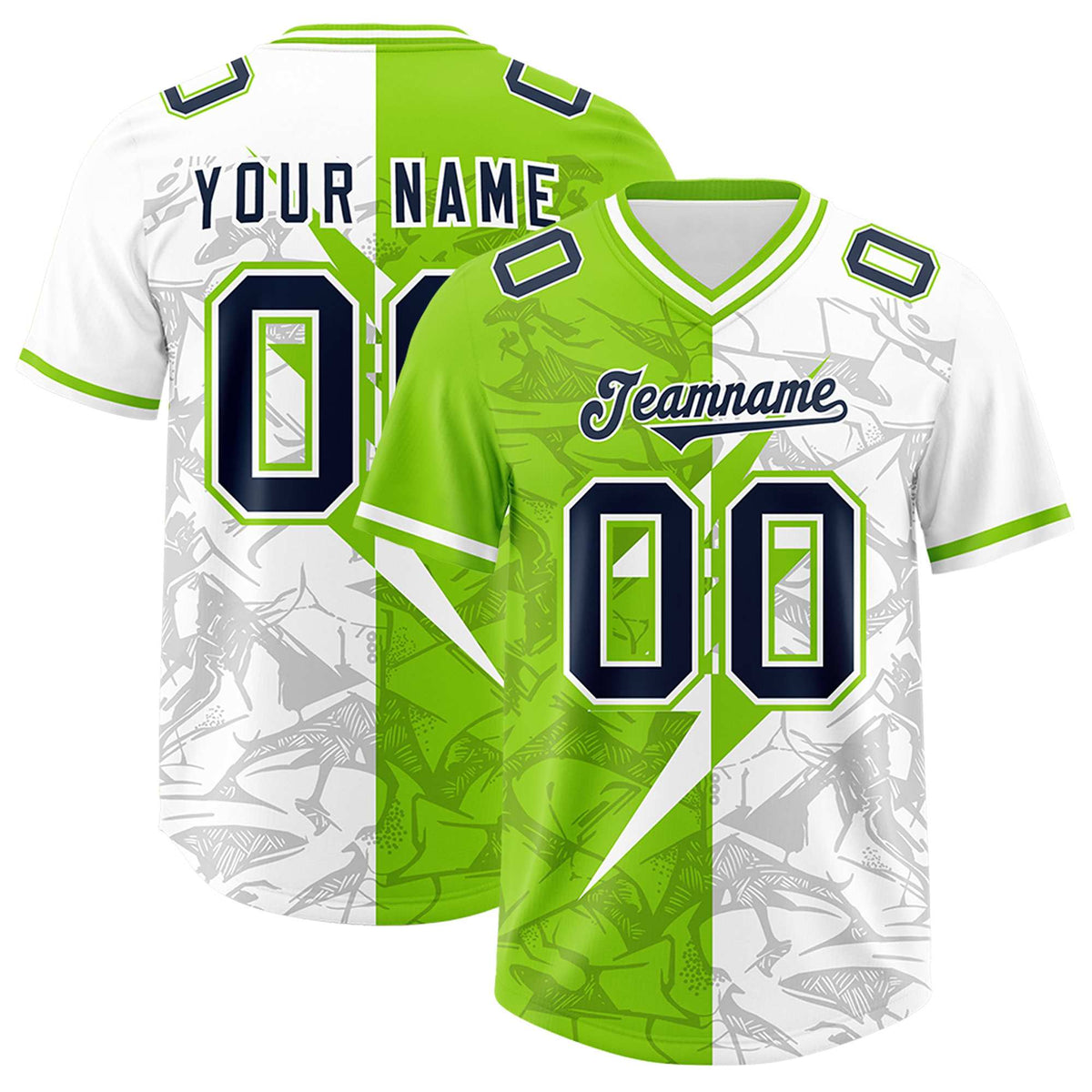 Custom Neon Green White Split Personalized Lightning Pattern Football Jersey