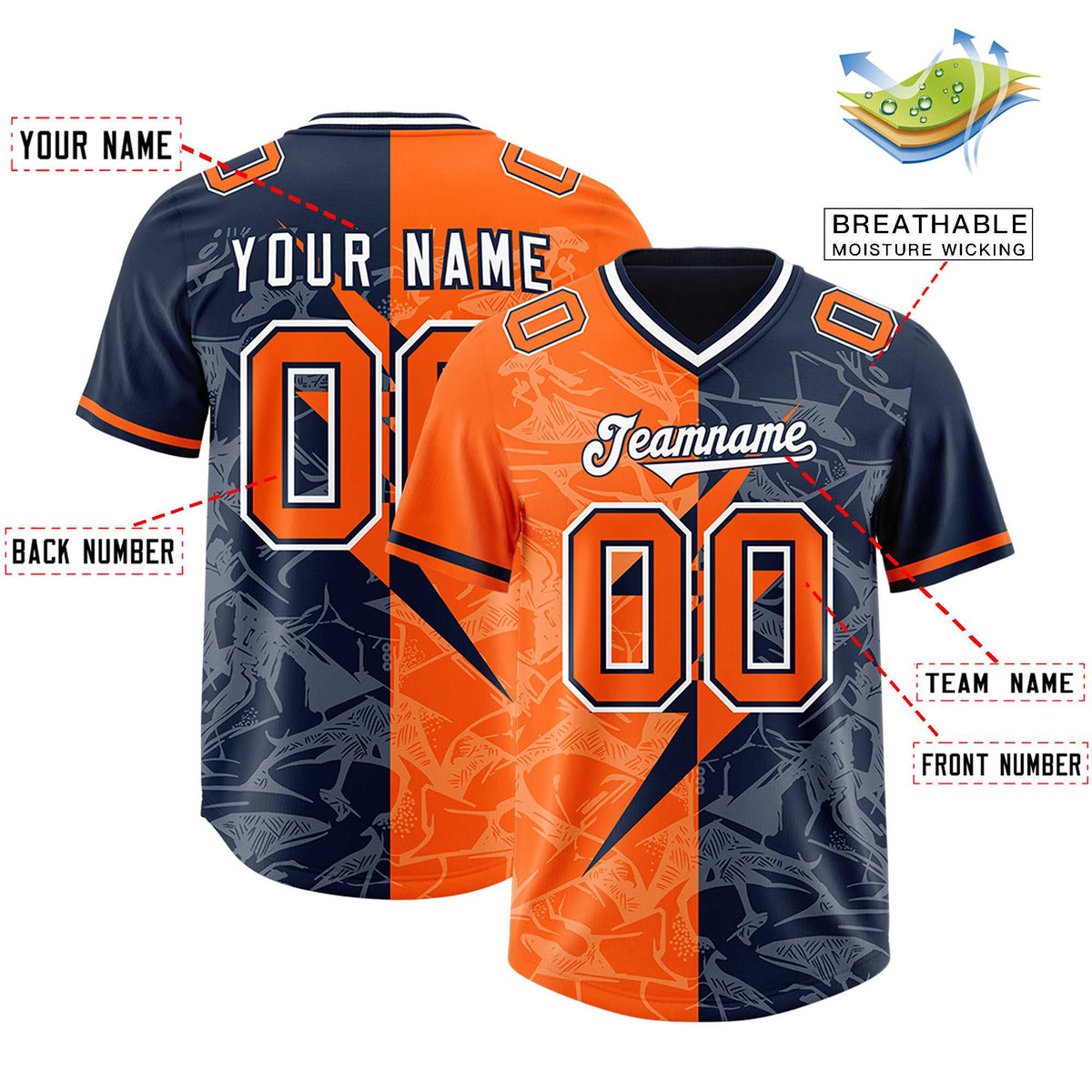 Custom Orange Navy Split Personalized Lightning Pattern Football Jersey