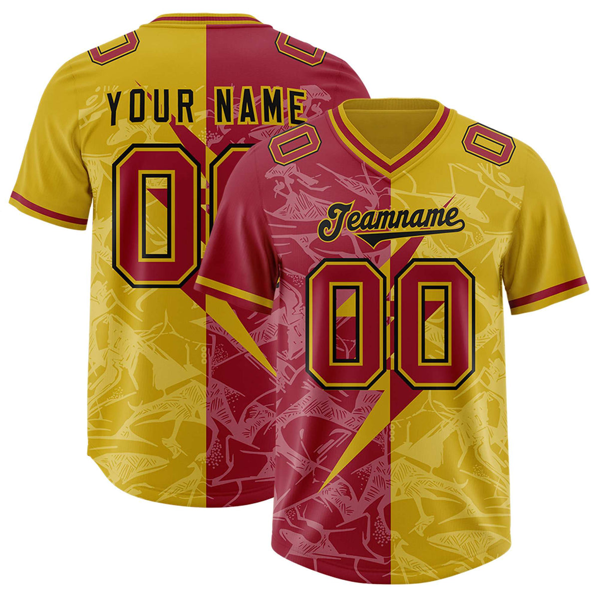 Custom Old Gold Cardinal Split Personalized Lightning Pattern Football Jersey