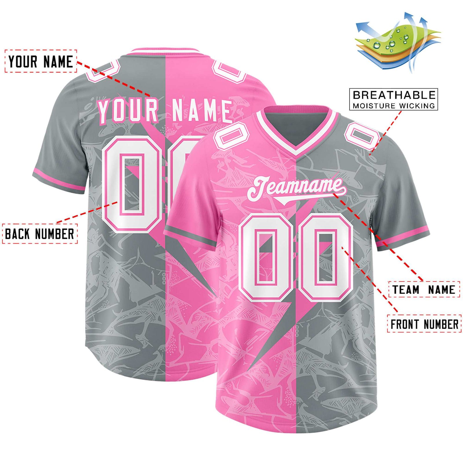Custom Gray Pink Split Personalized Lightning Pattern Football Jersey