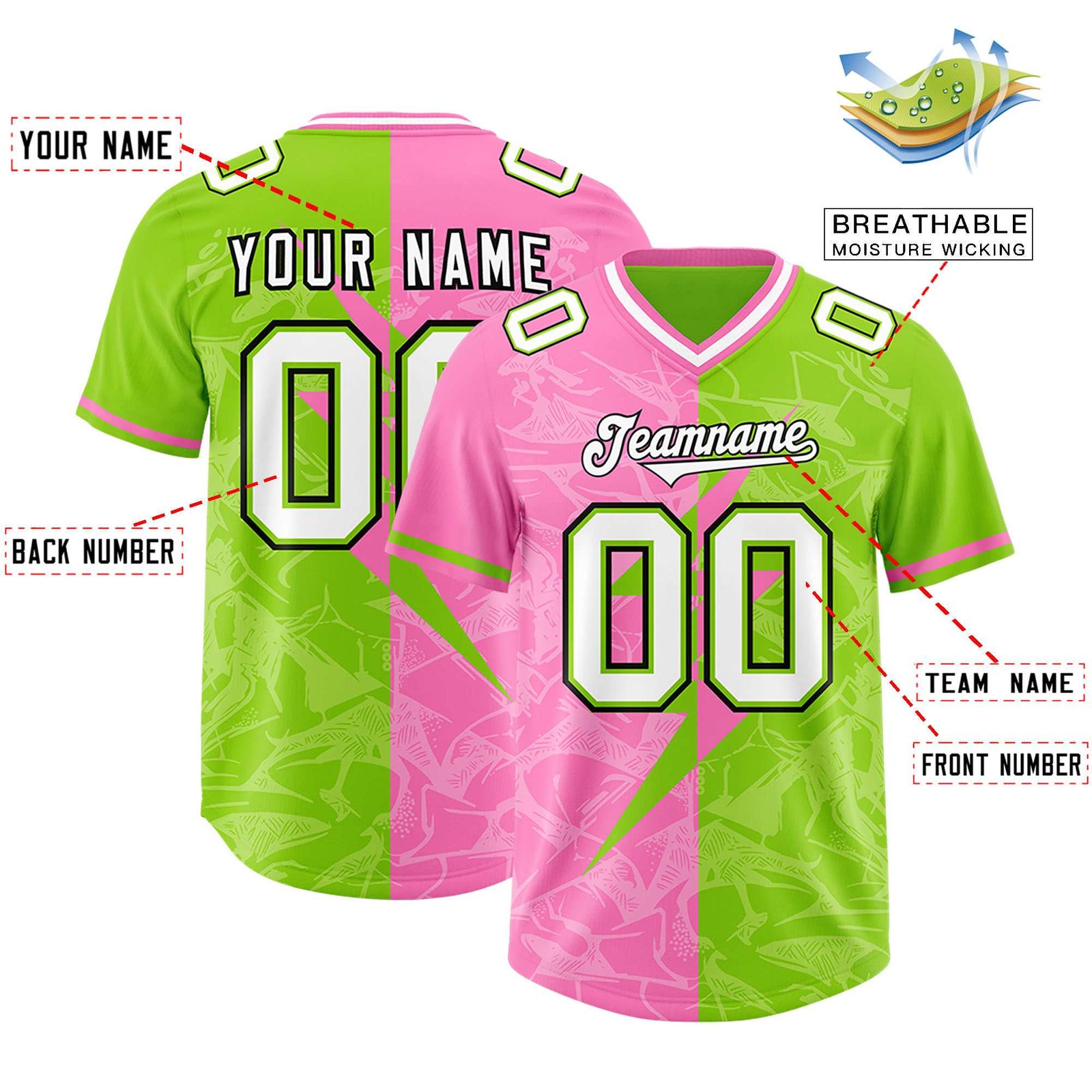 Custom Neon Green Pink Split Personalized Lightning Pattern Football Jersey