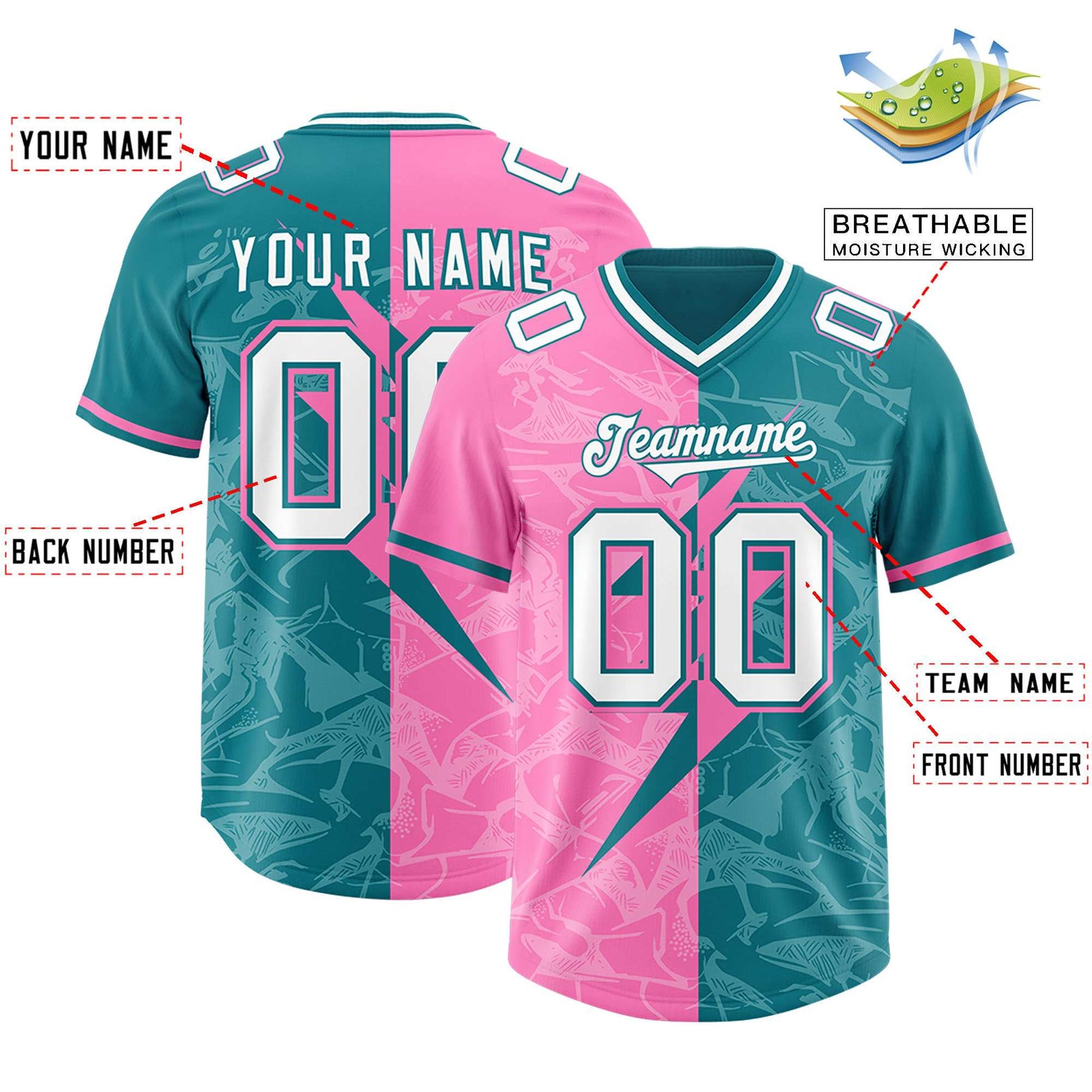 Custom Aqua Pink Split Personalized Lightning Pattern Football Jersey