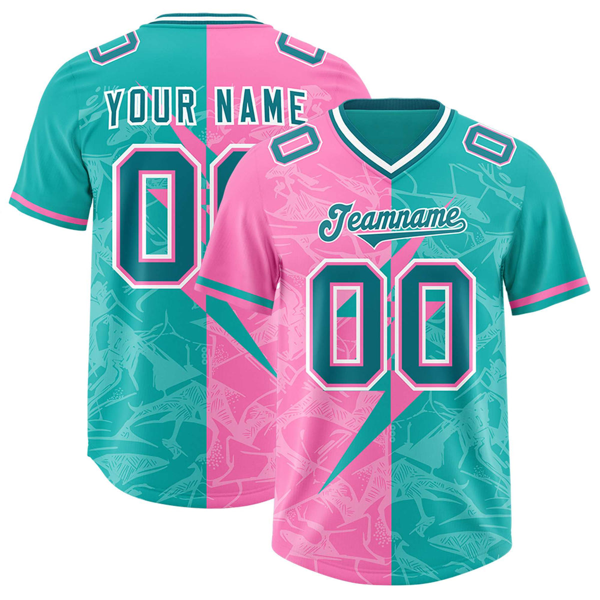 Custom Aqua Pink Split Personalized Lightning Pattern Football Jersey