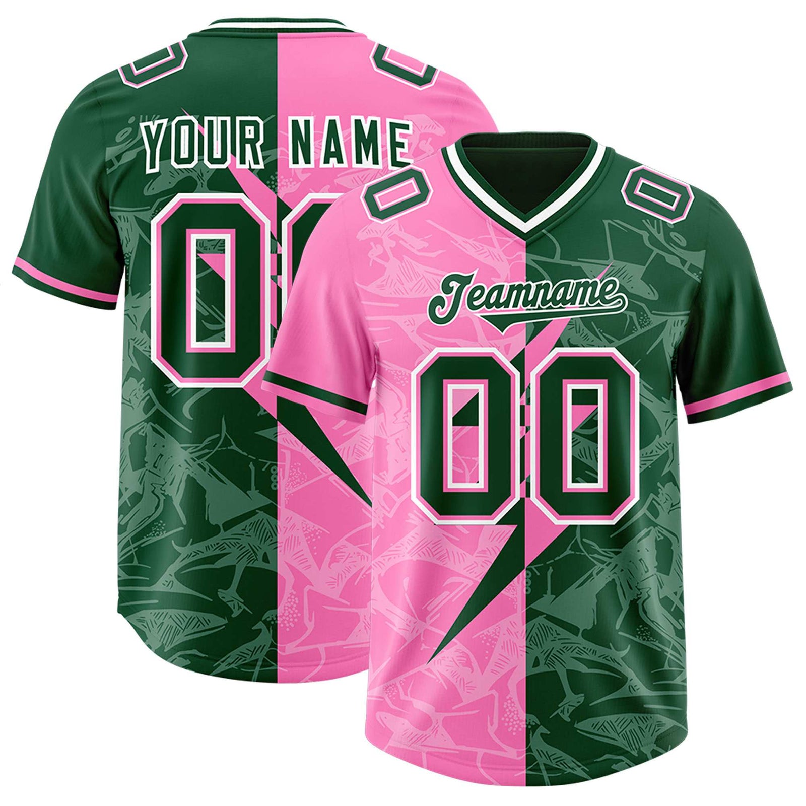 Custom Pink Green Split Personalized Lightning Pattern Football Jersey