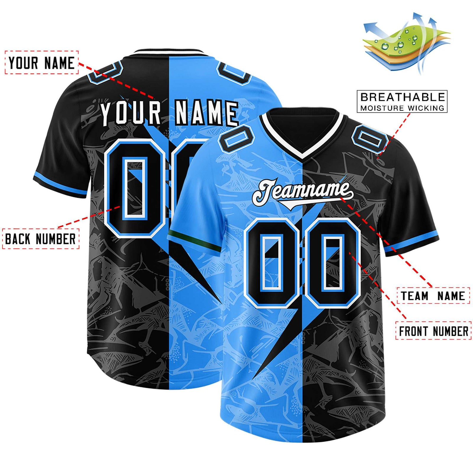 Custom Black Light Blue Split Personalized Lightning Pattern Football Jersey