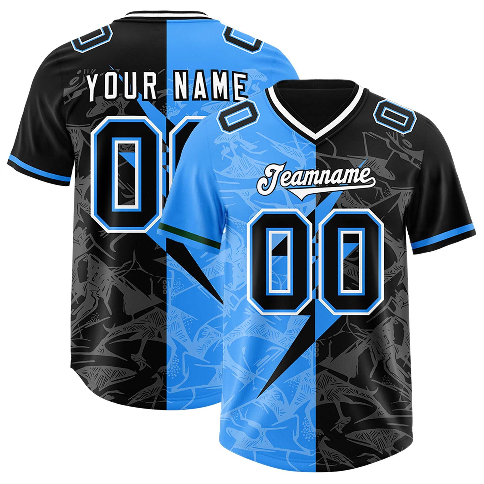 Custom Black Light Blue Split Personalized Lightning Pattern Football Jersey